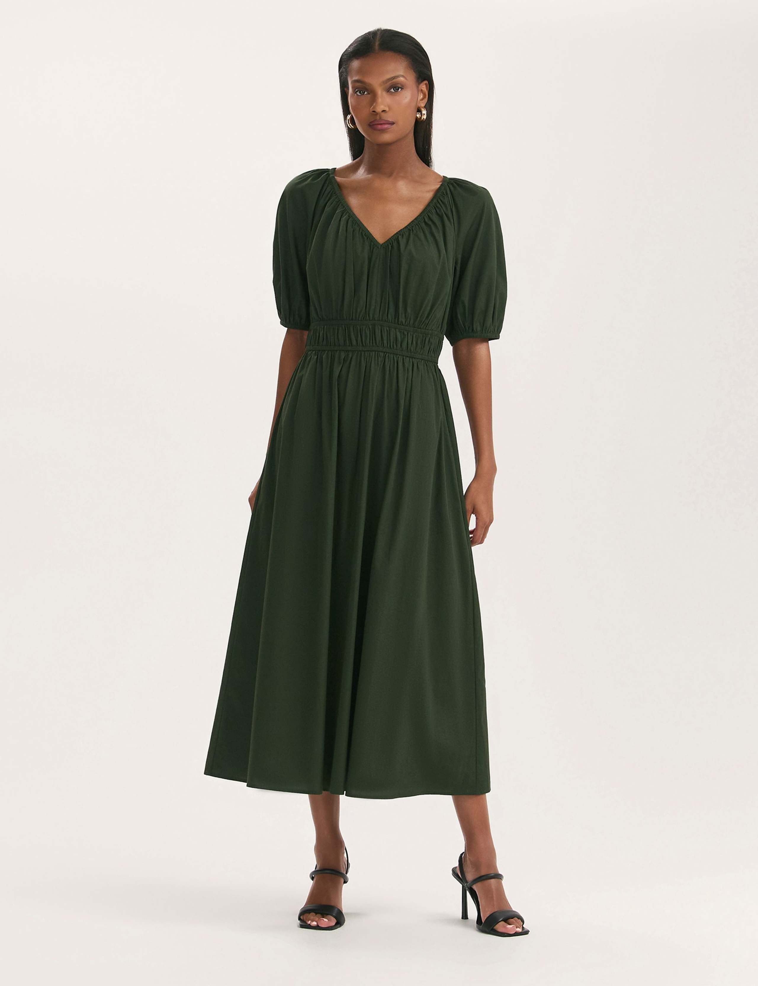 Pure Cotton V-Neck Midi Waisted Dress