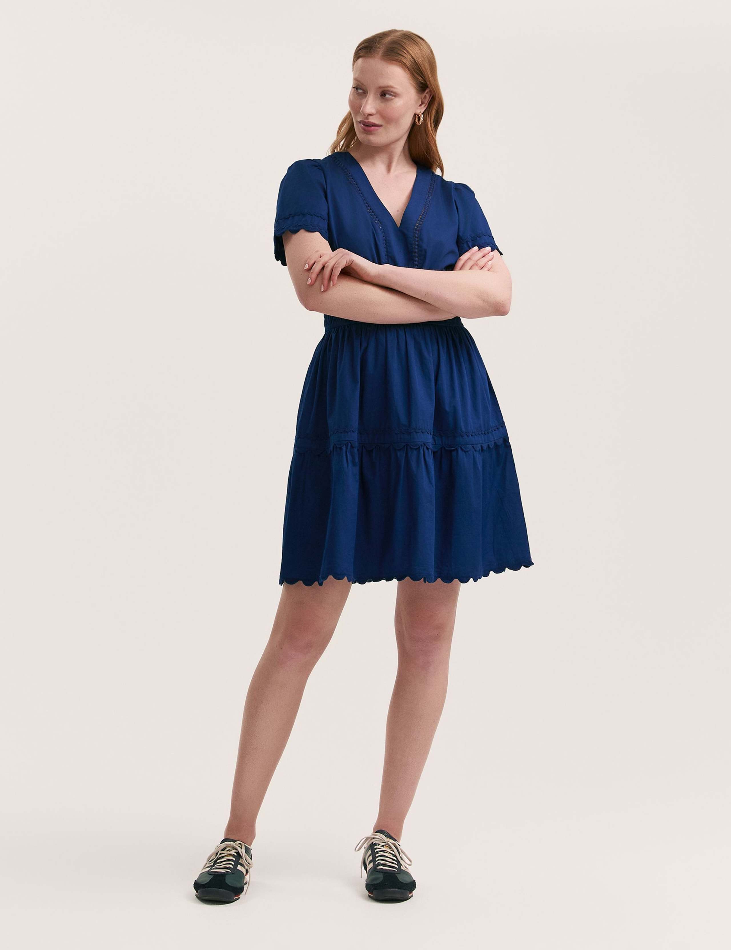 Pure Cotton V-Neck Knee Length Tiered Dress