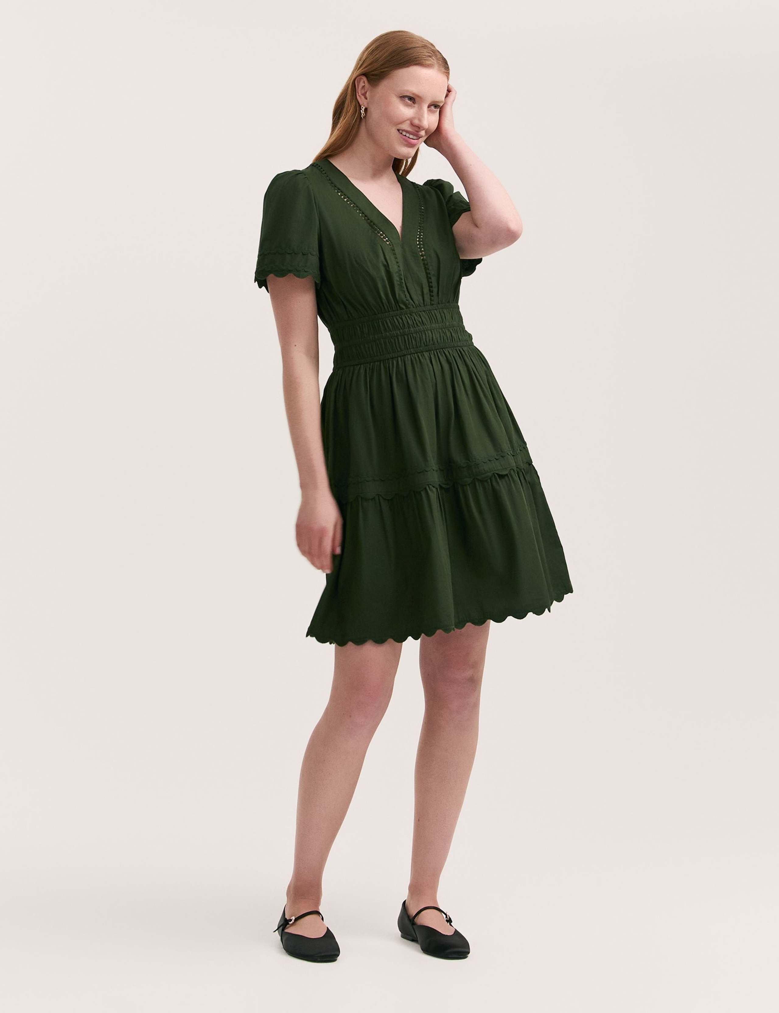Pure Cotton V-Neck Knee Length Tiered Dress
