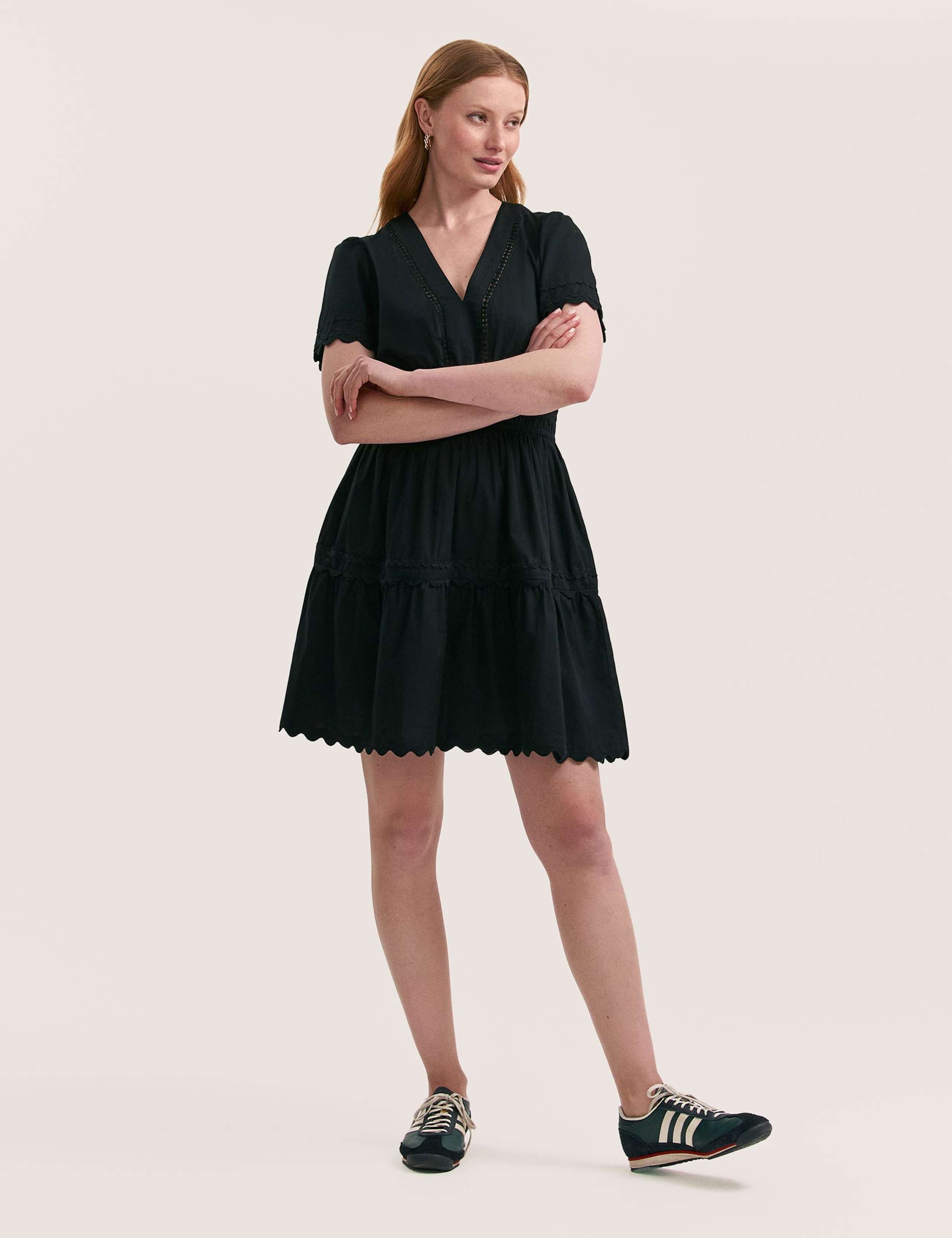 Pure Cotton V-Neck Knee Length Tiered Dress