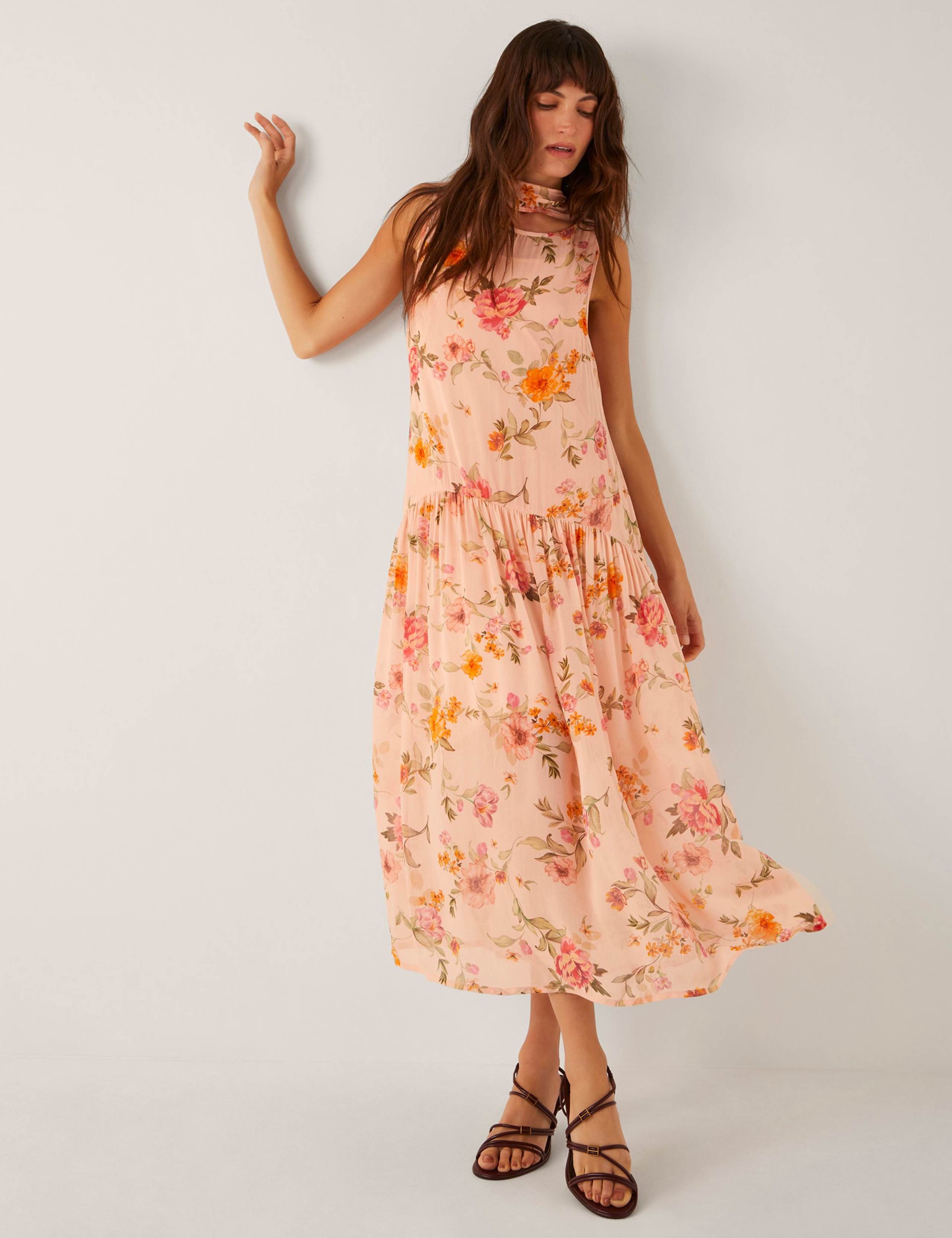Cassia Floral Print Midi Dress Nude