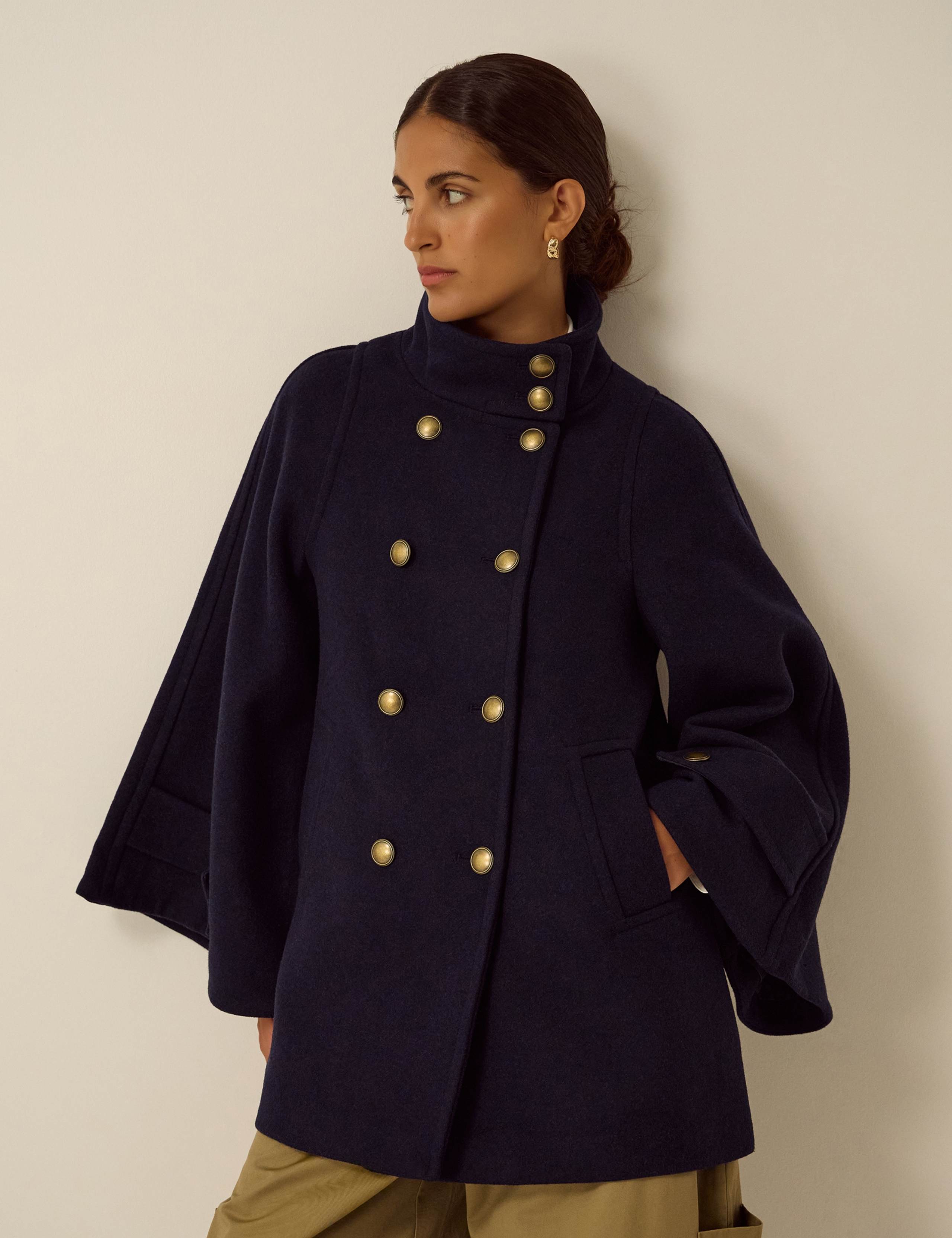 Funnel Neck Cape Coat with Wool