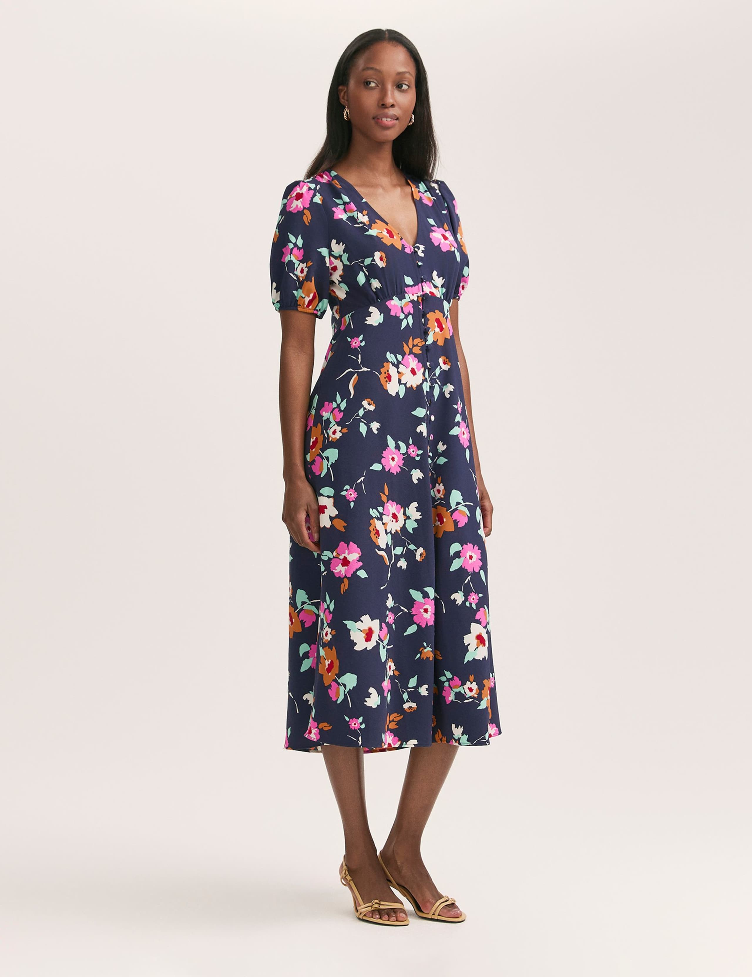 Crepe V-Neck Button Through Midi Tea Dress