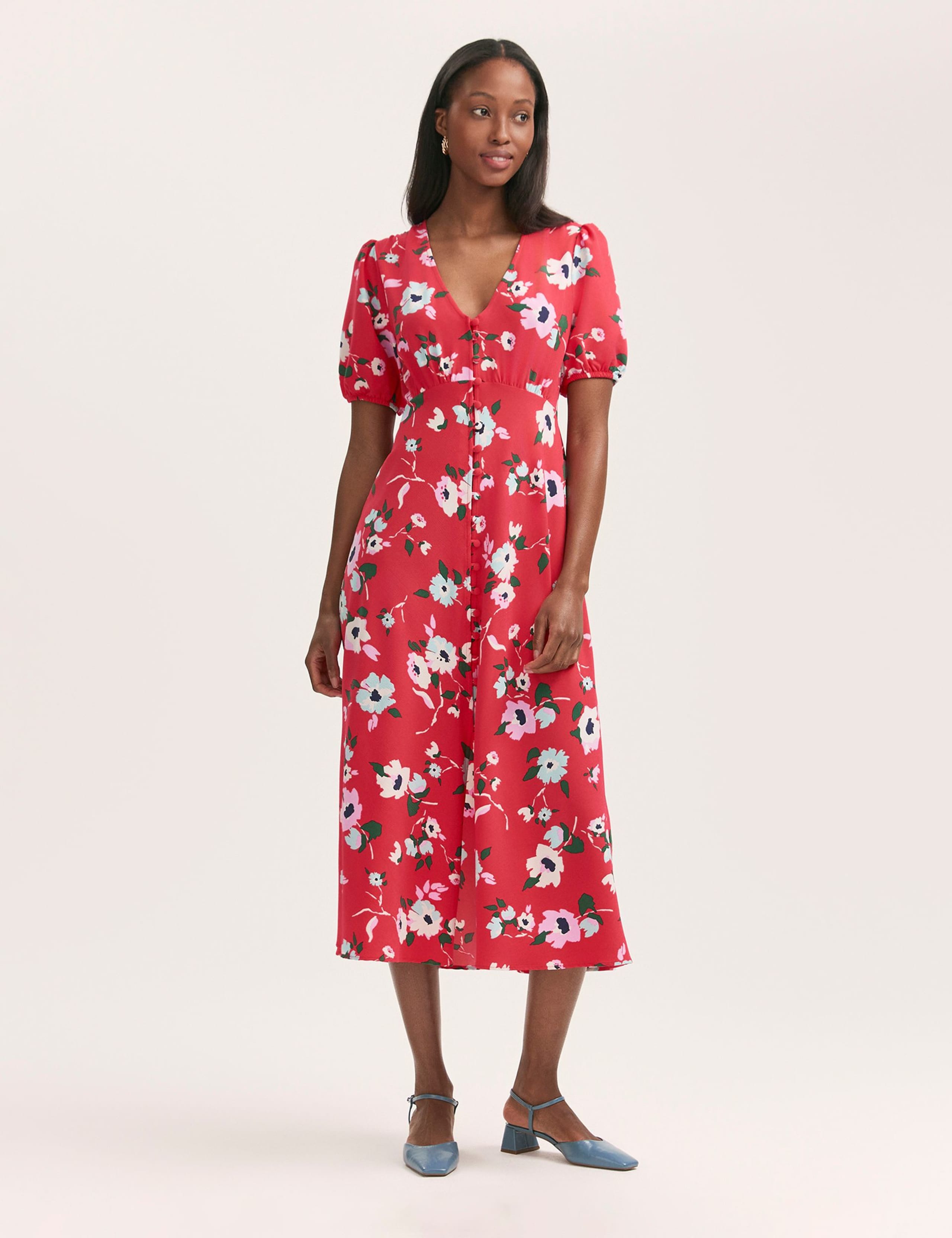 Crepe V-Neck Button Through Midi Tea Dress