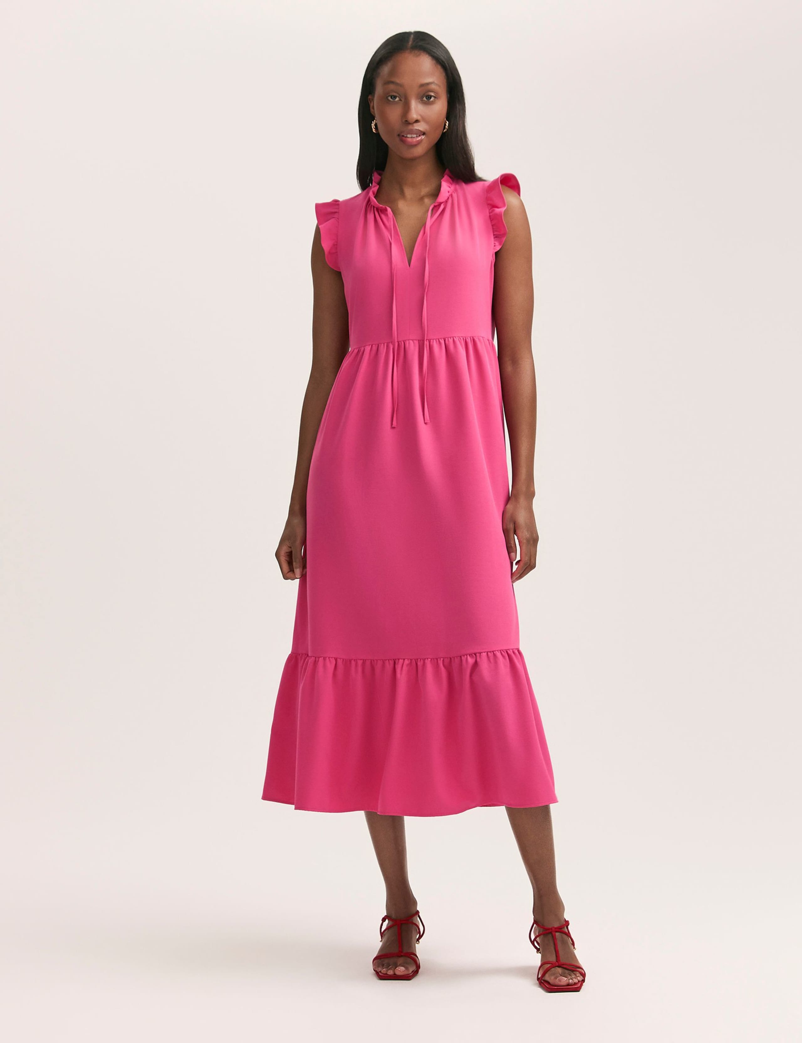 Tie Neck Ruffle Midi Tiered Dress