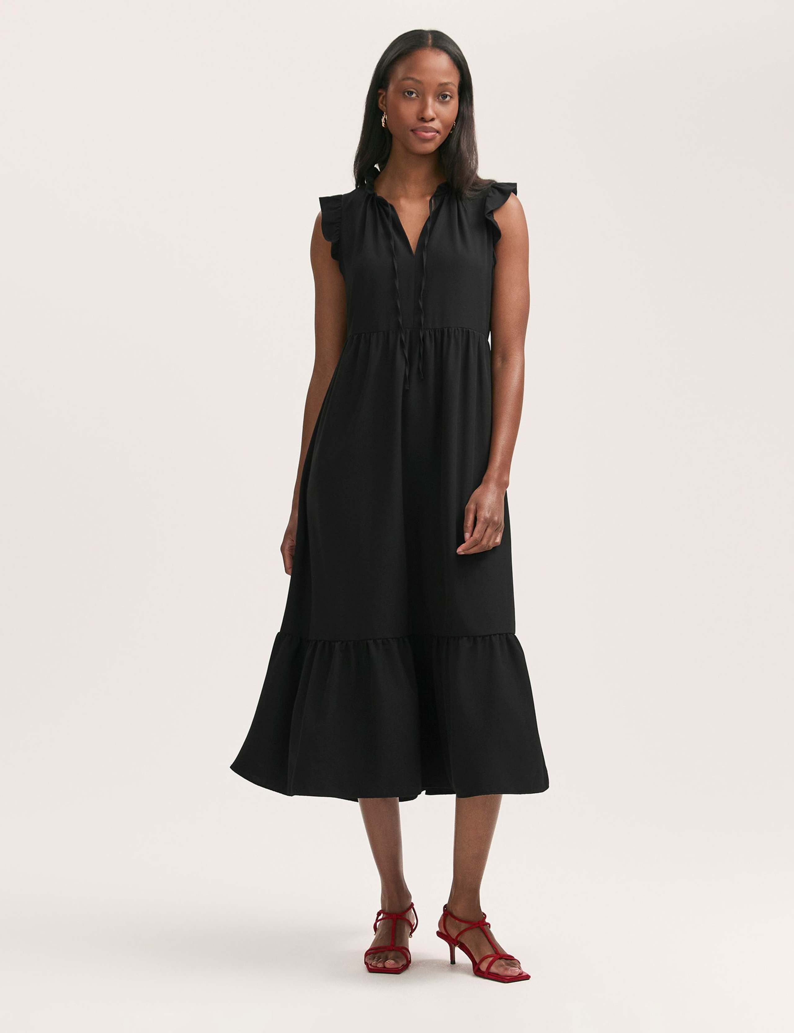 Tie Neck Ruffle Midi Tiered Dress