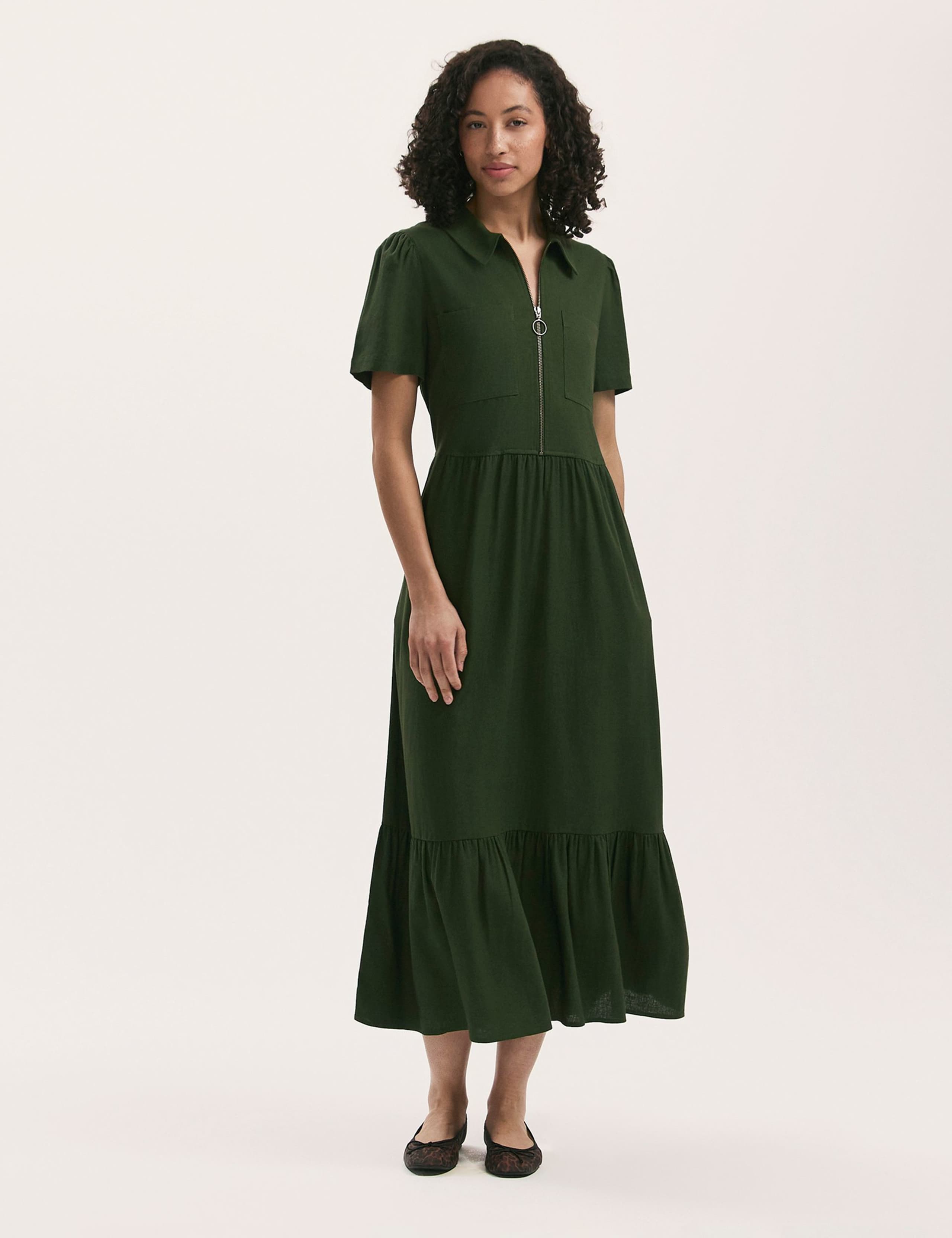 Linen Blend Collared Midi Shirt Dress