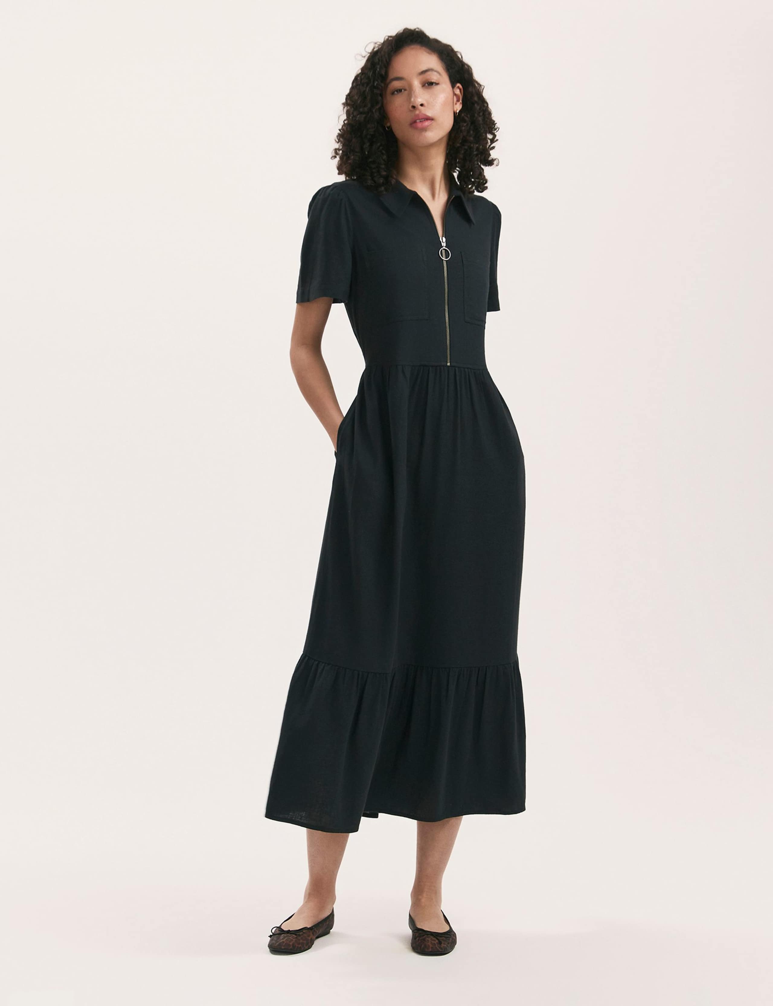 Linen Blend Collared Midi Shirt Dress