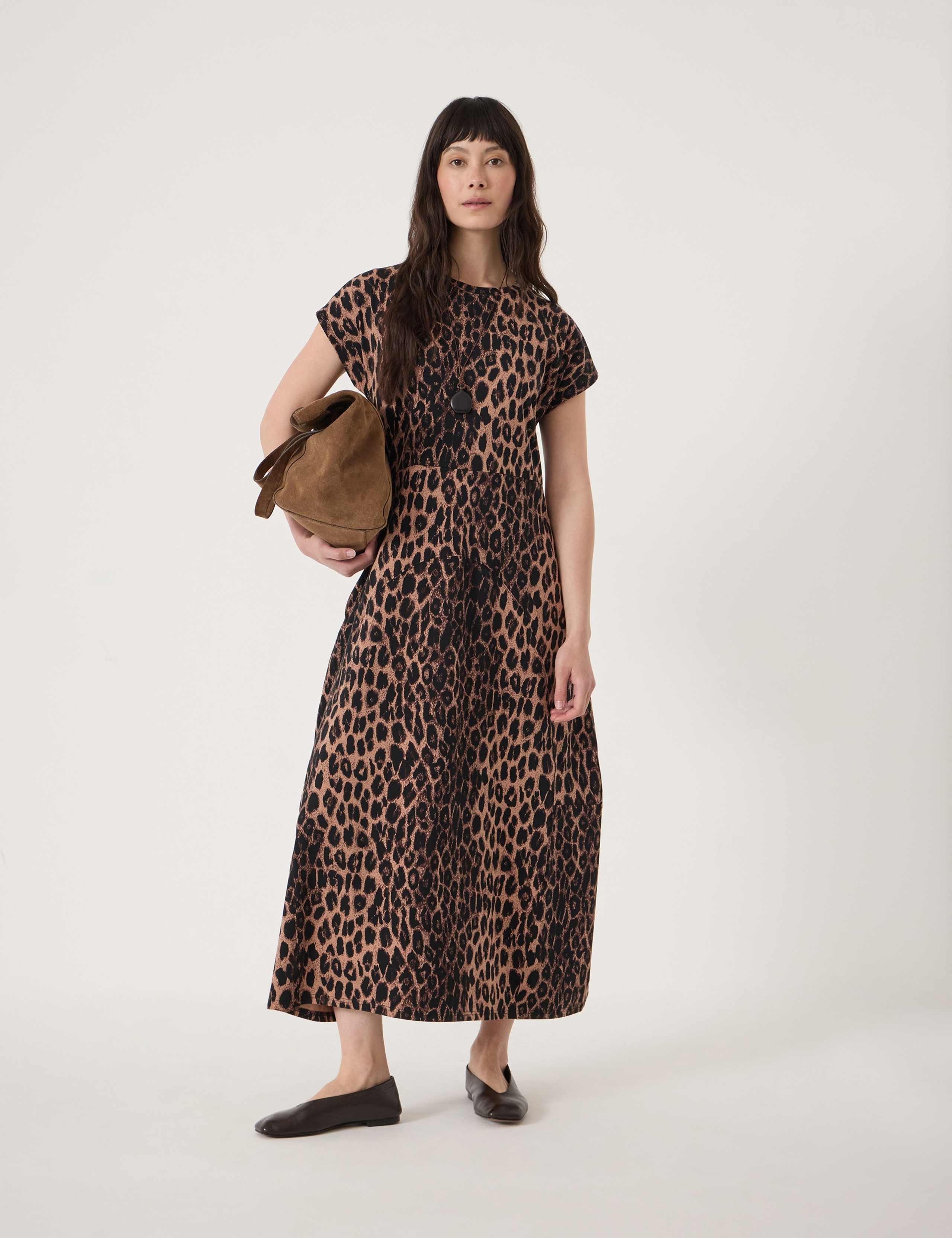 Cotton Rich Leopard Print Midaxi Waisted Dress