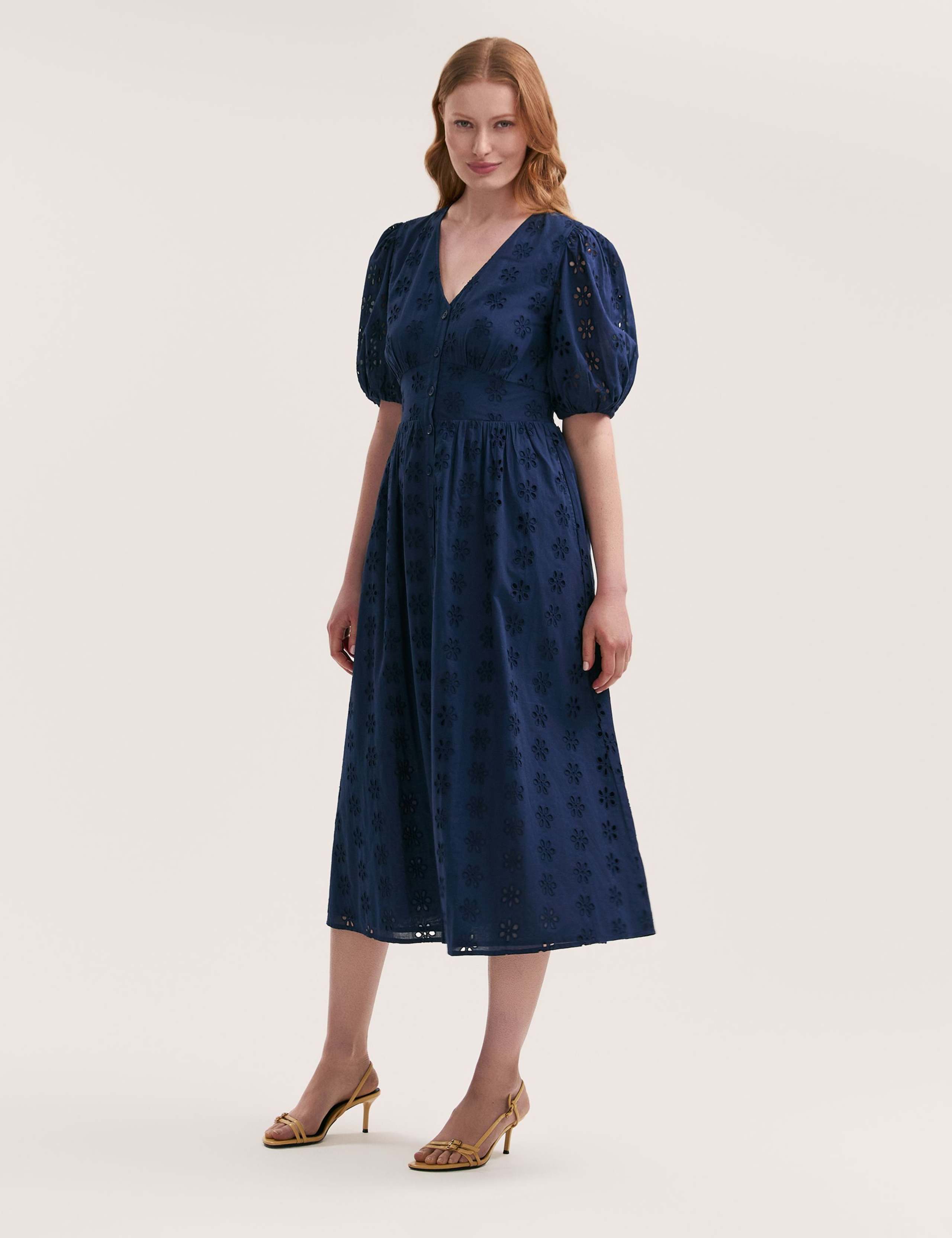 Pure Cotton Broderie V-Neck Midi Dress