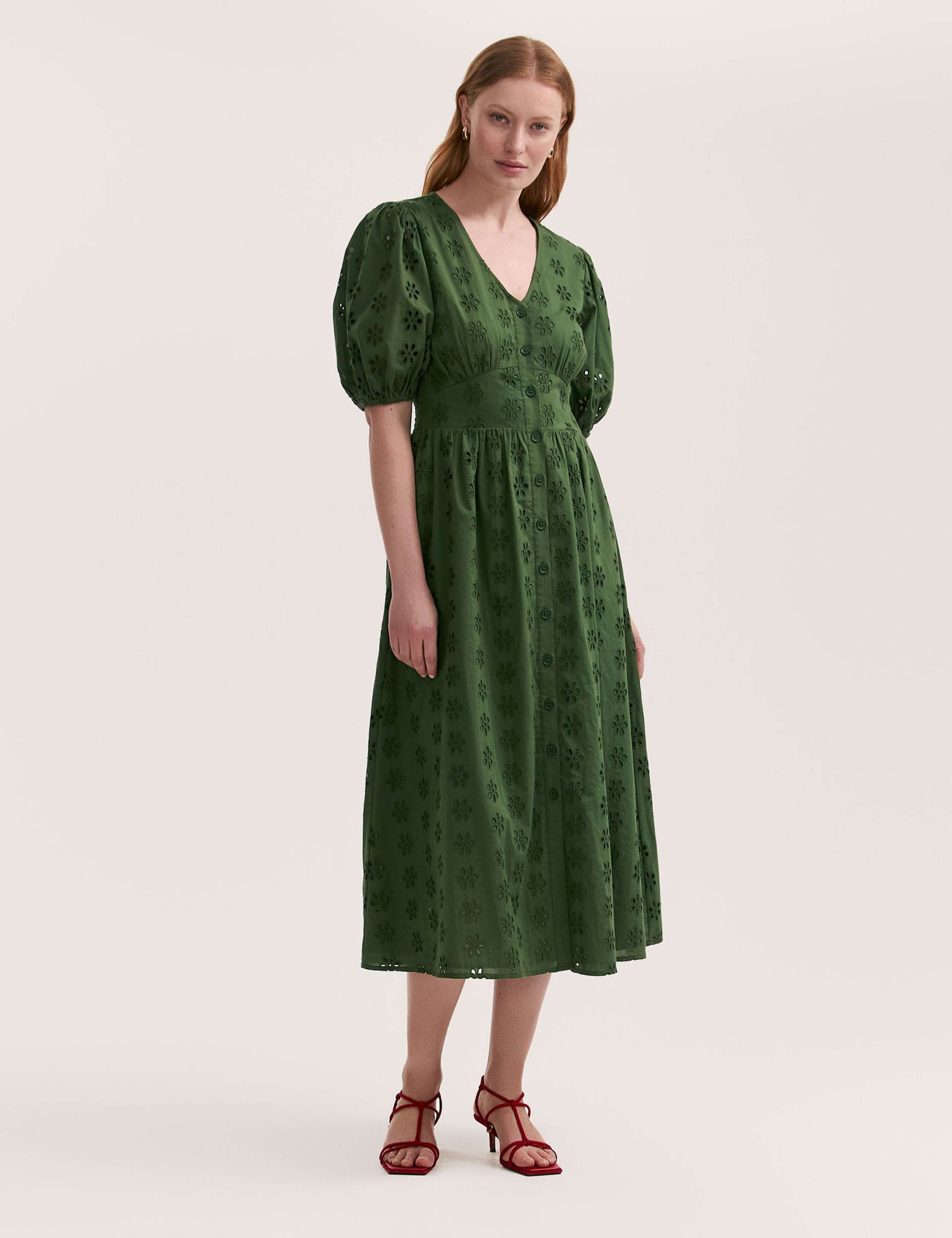 Pure Cotton Broderie V-Neck Midi Dress