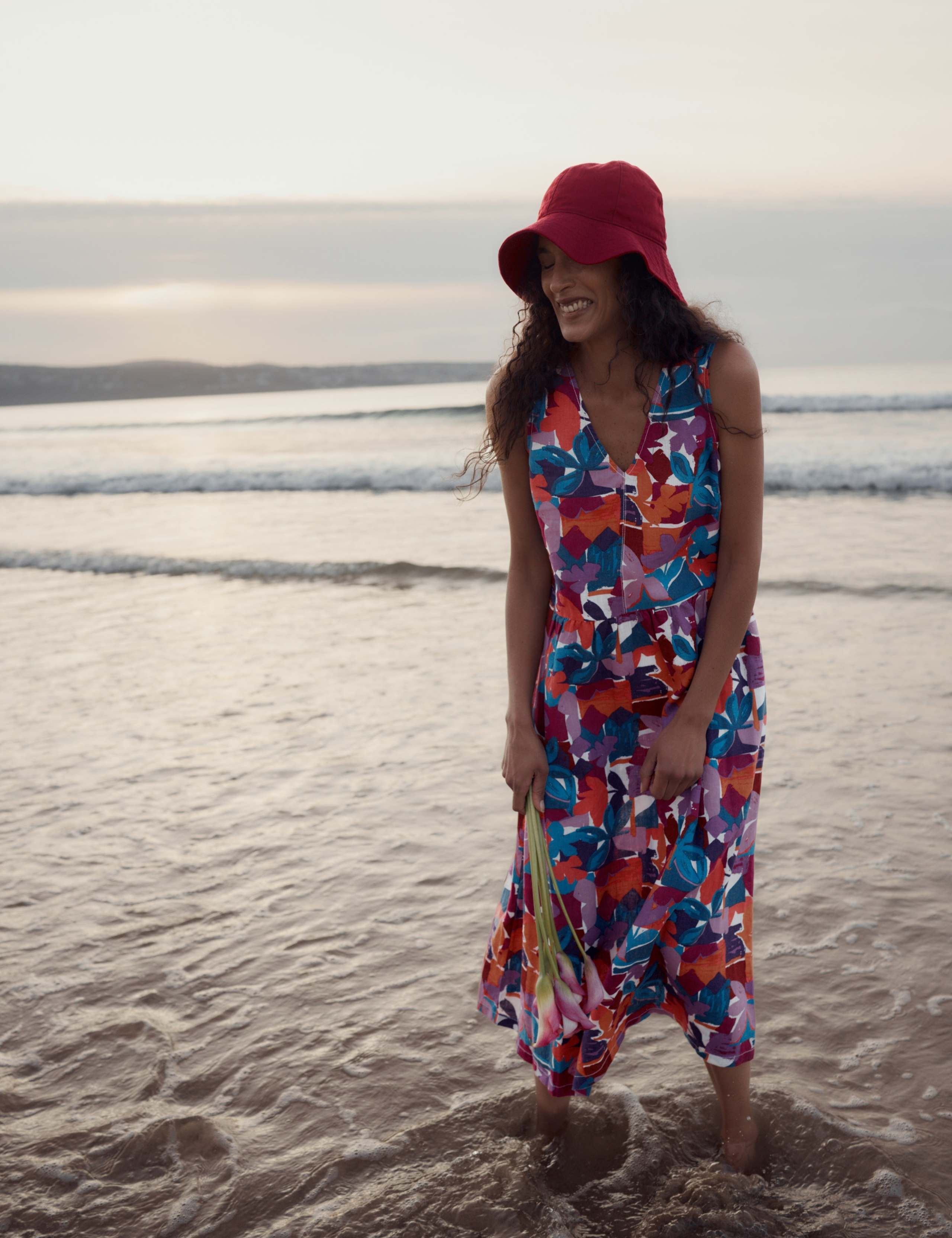 Pure Linen Floral V-Neck Midi Smock Dress