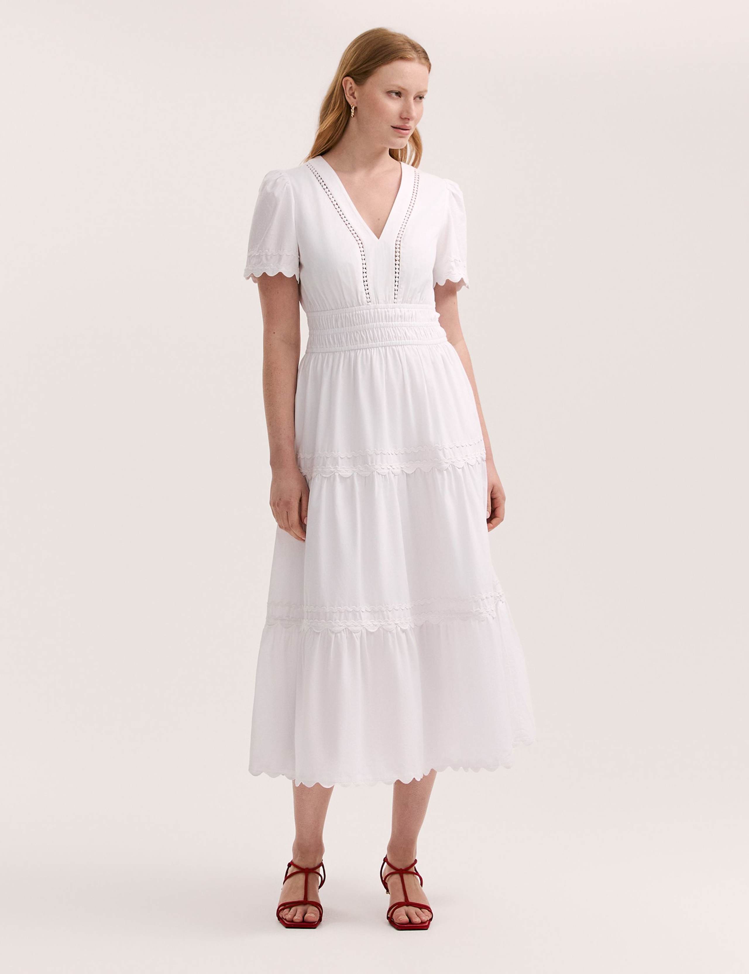 Pure Cotton V-Neck Midi Tiered Dress
