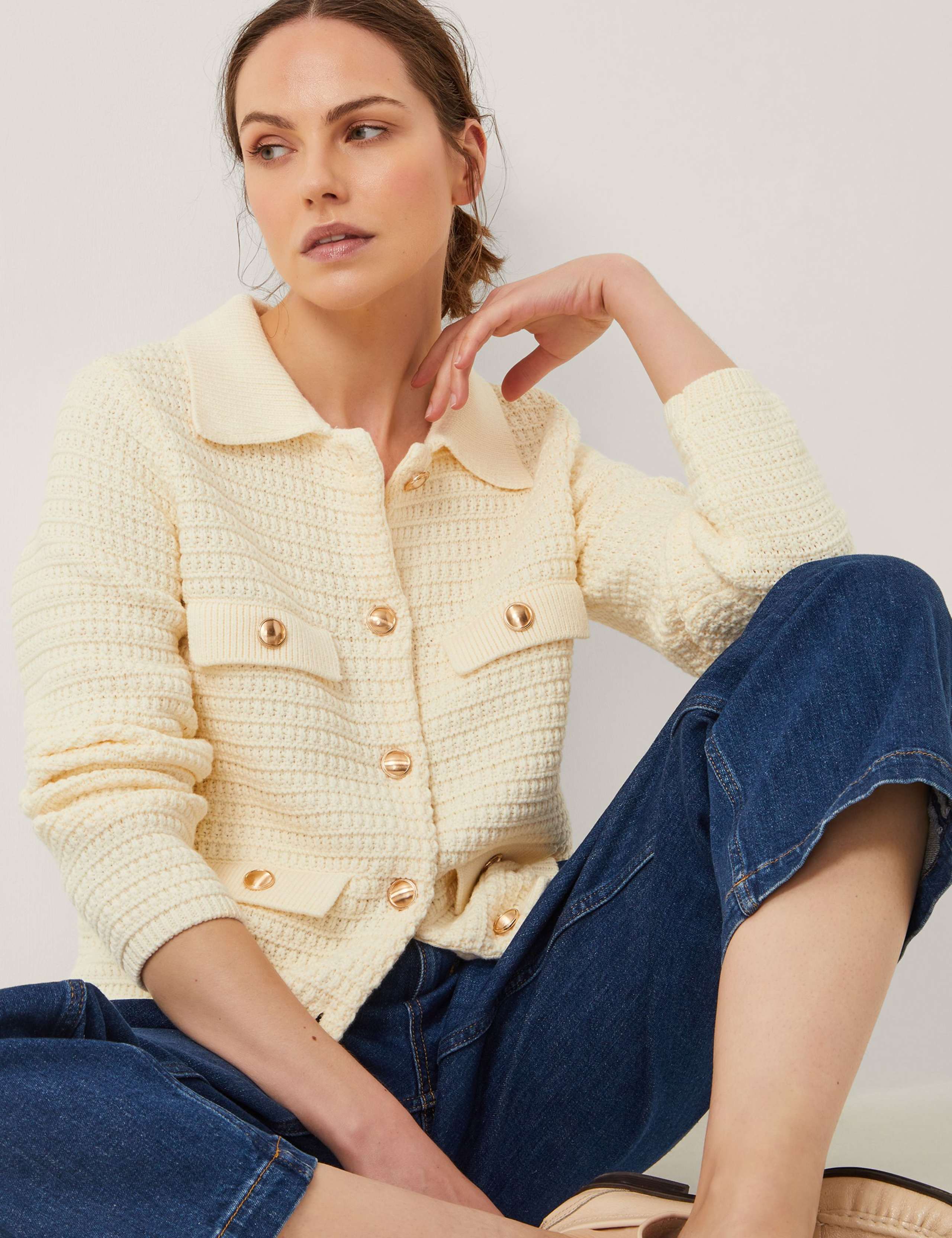 Cotton Rich Textured Collared Cardigan
