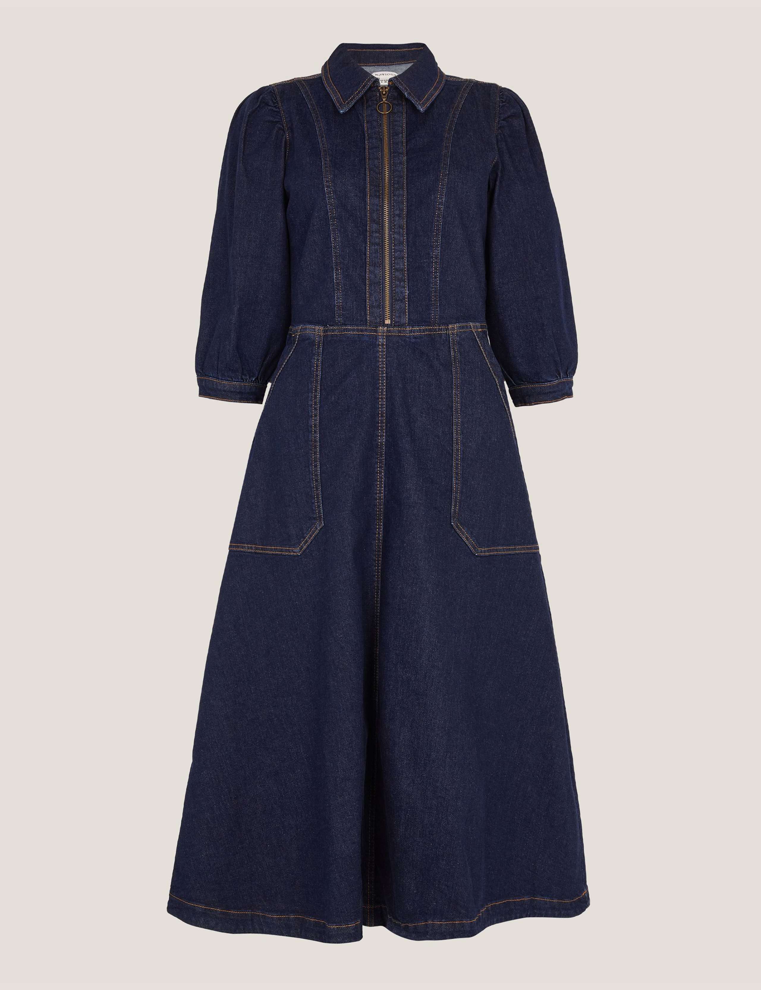 Denim Zip Front Midi Skater Dress