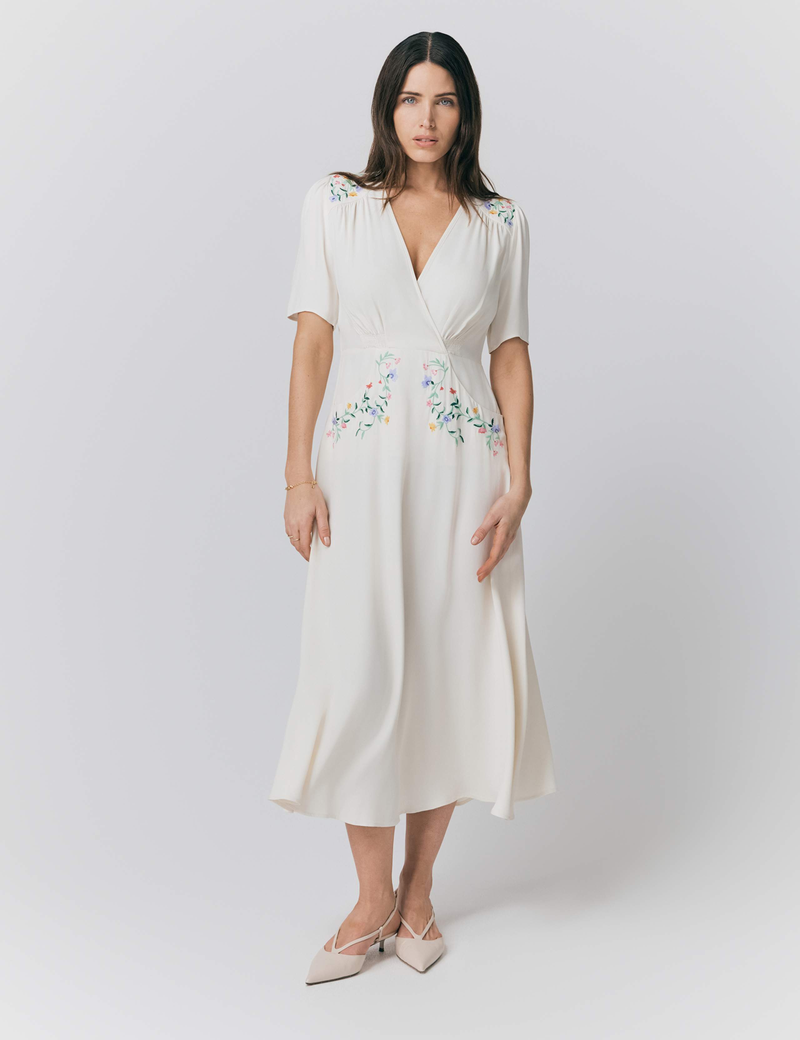 Crepe Embroidered V-Neck Midi Tea Dress