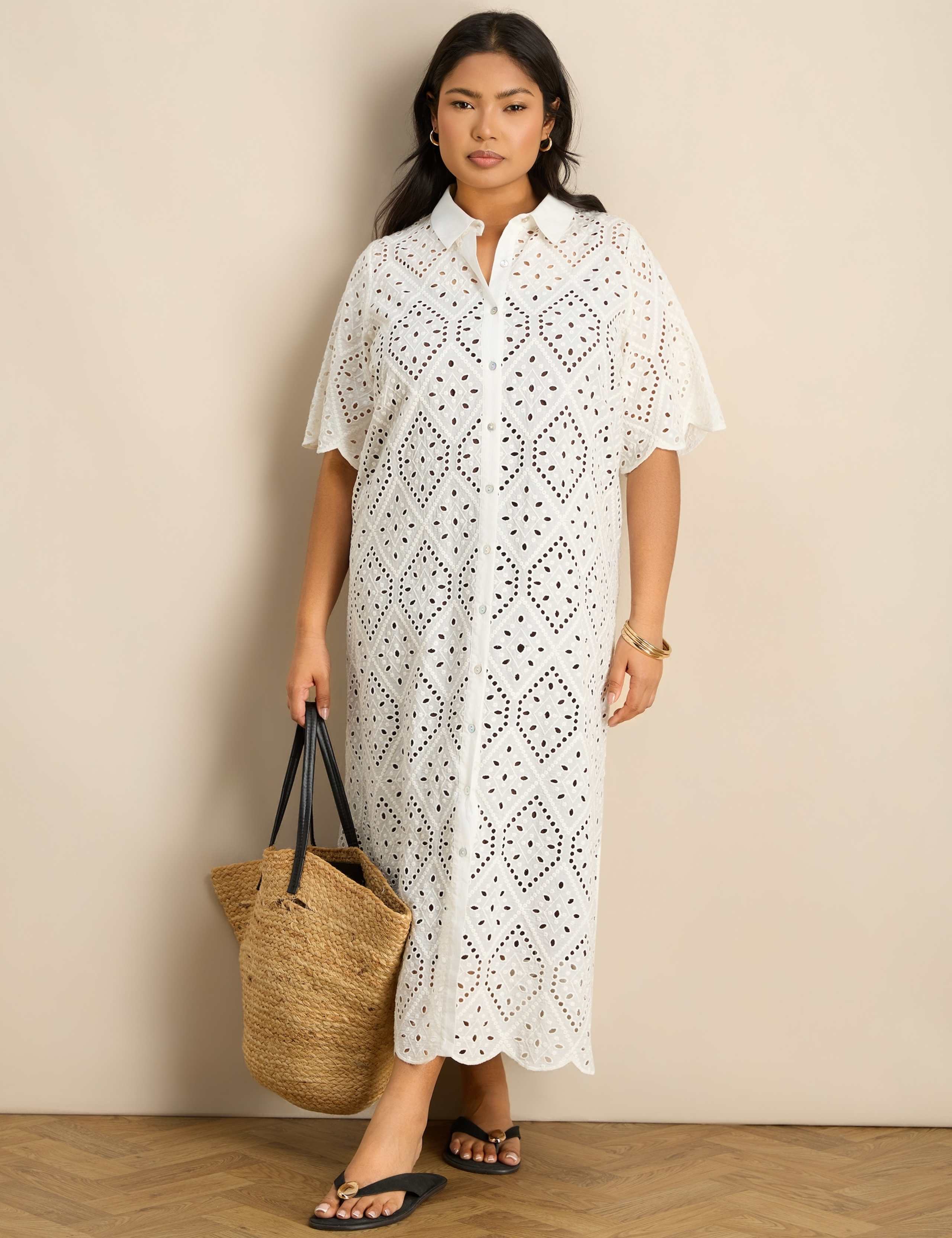 Pure Cotton Broderie Midi Shirt Dress