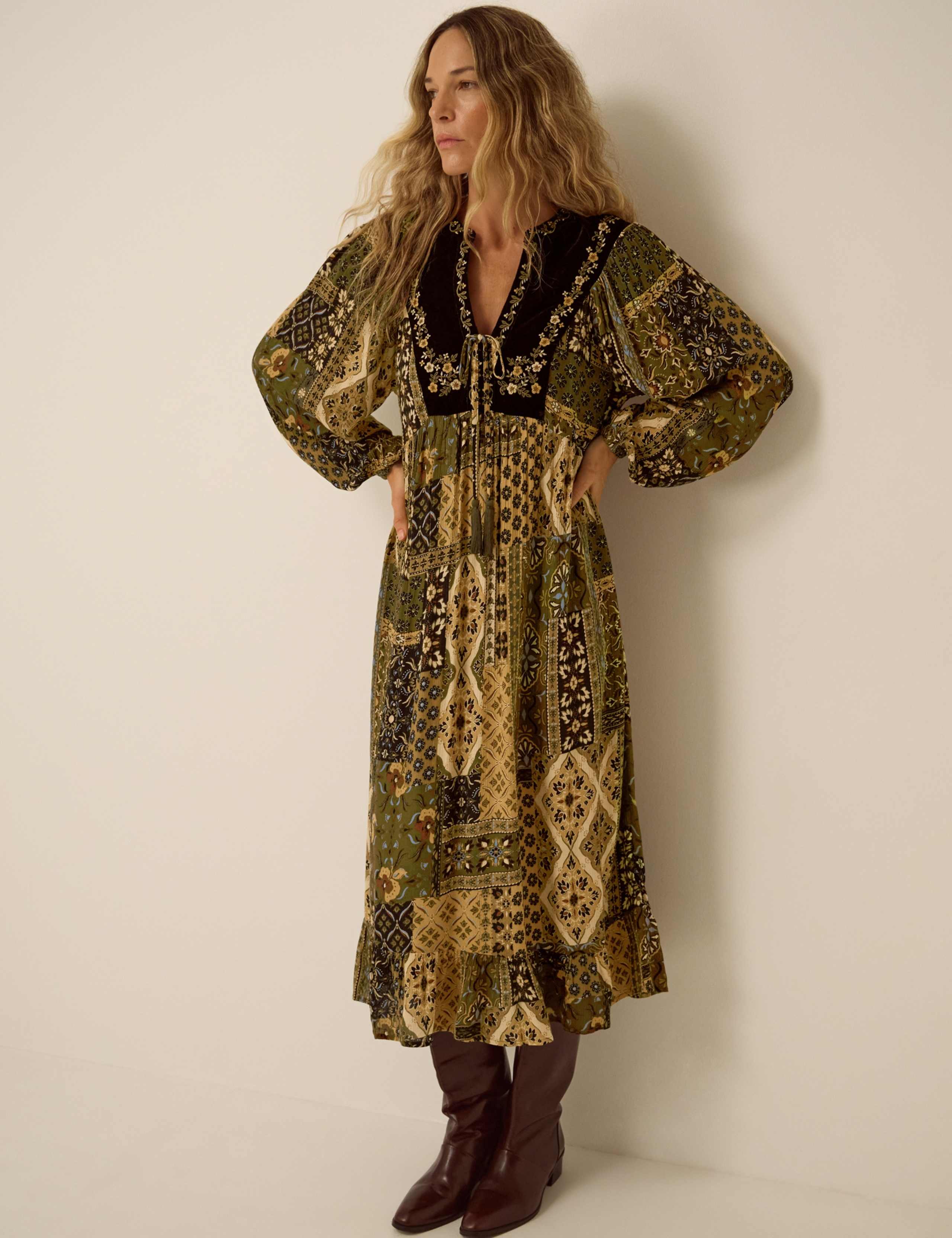 Printed V Neck Midi Smock Dress