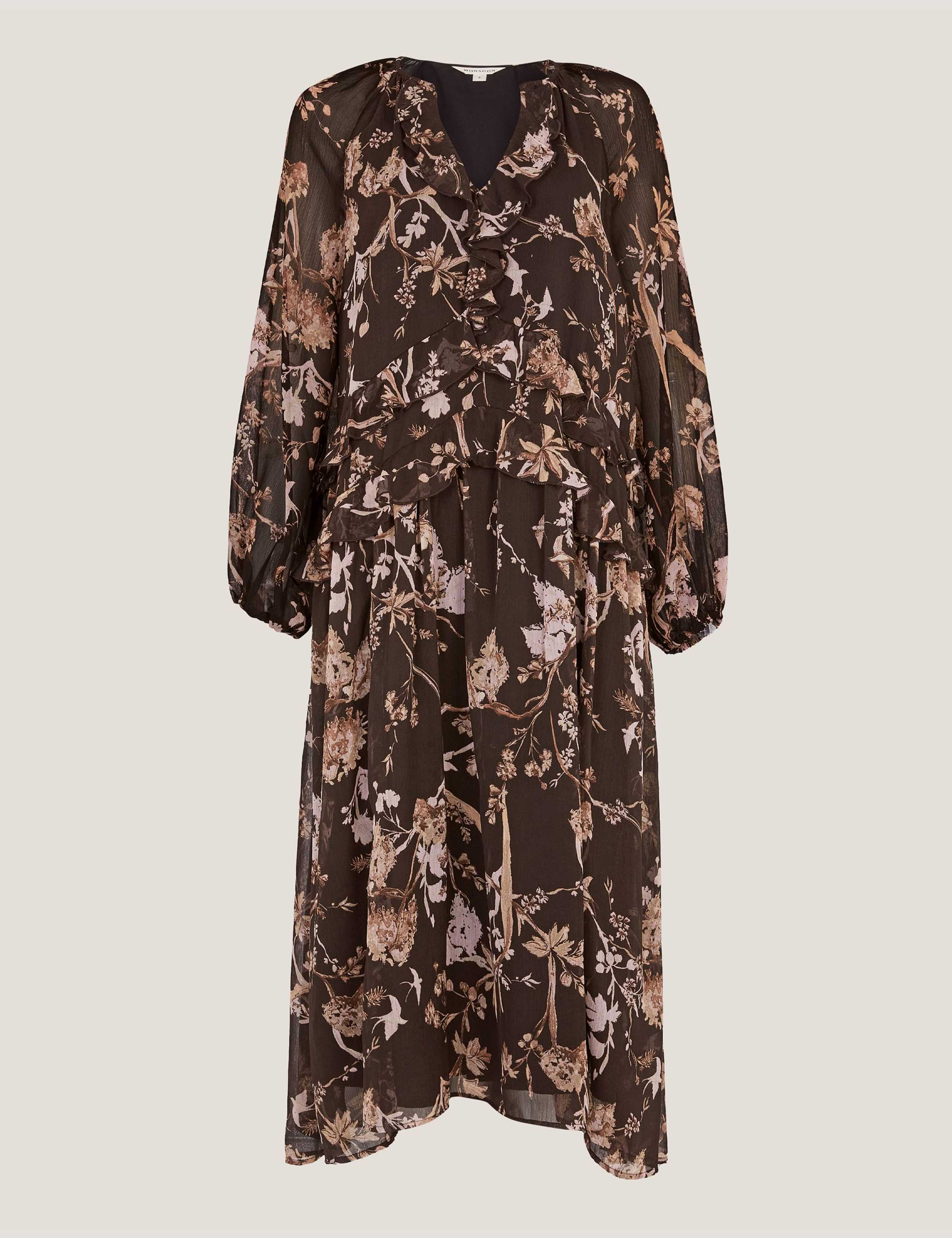 Floral Notch Neck Ruffle Midi Smock Dress