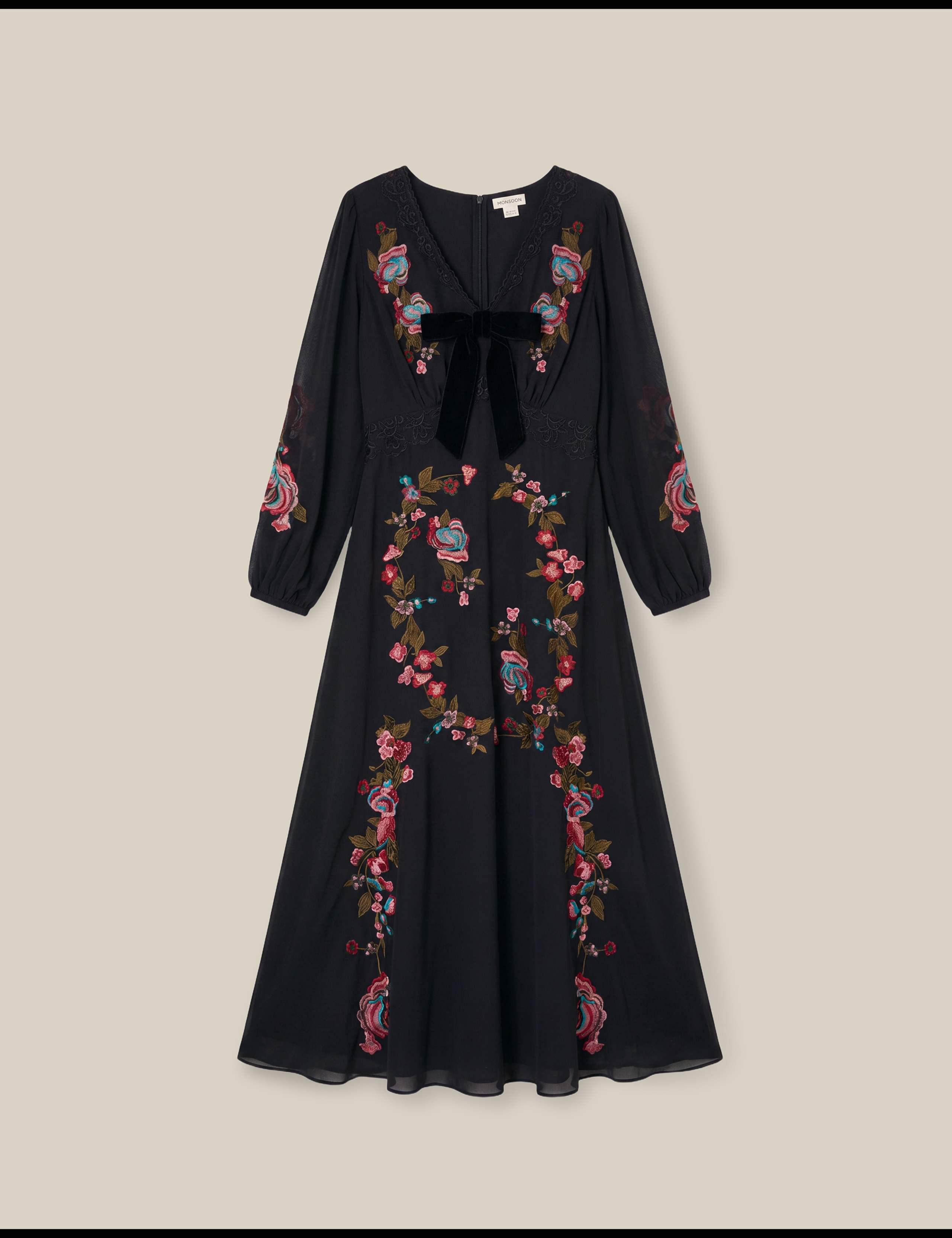 Embroidered V-Neck Midi Tea Dress