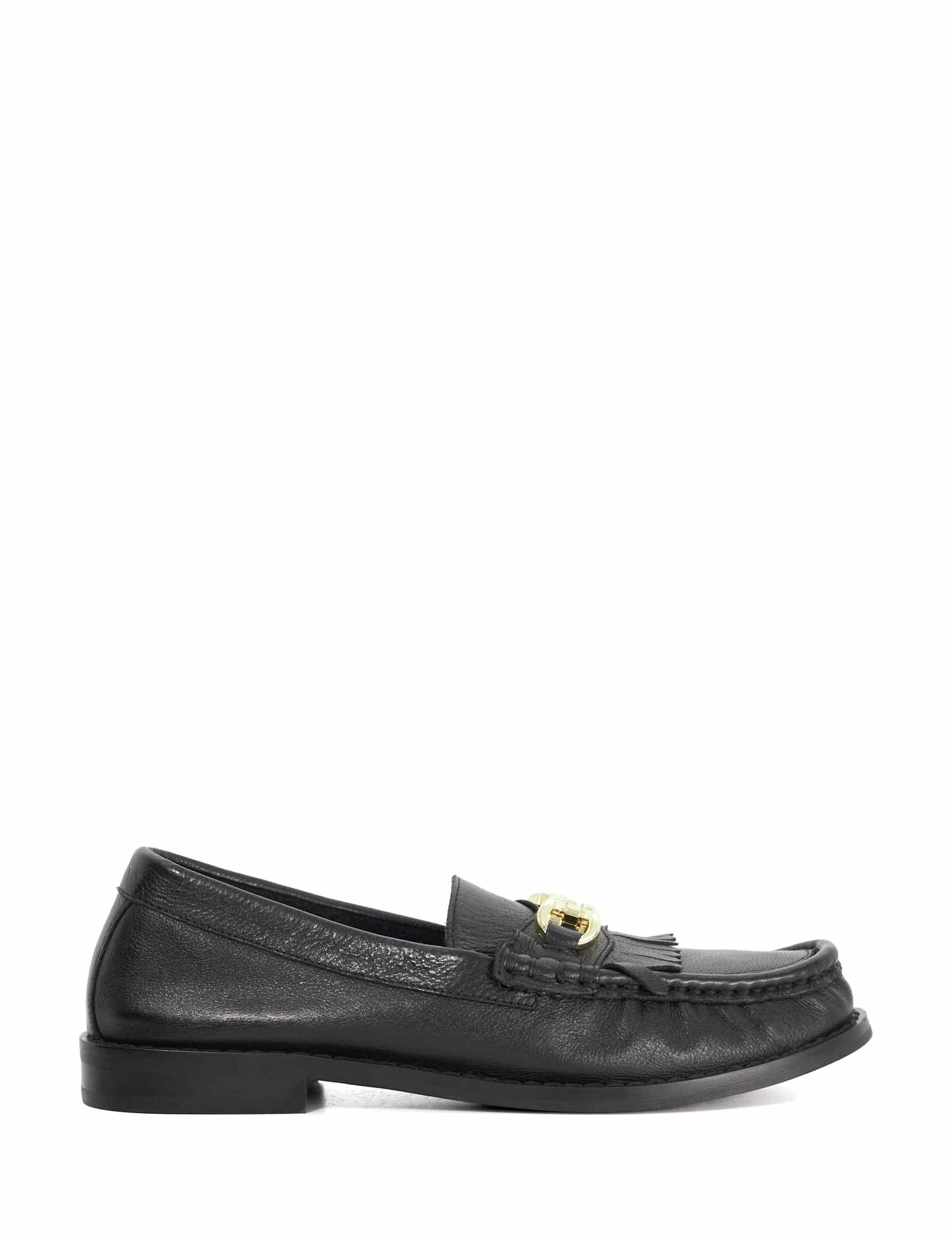 Leather Chain Detail Fringed Flat Loafers