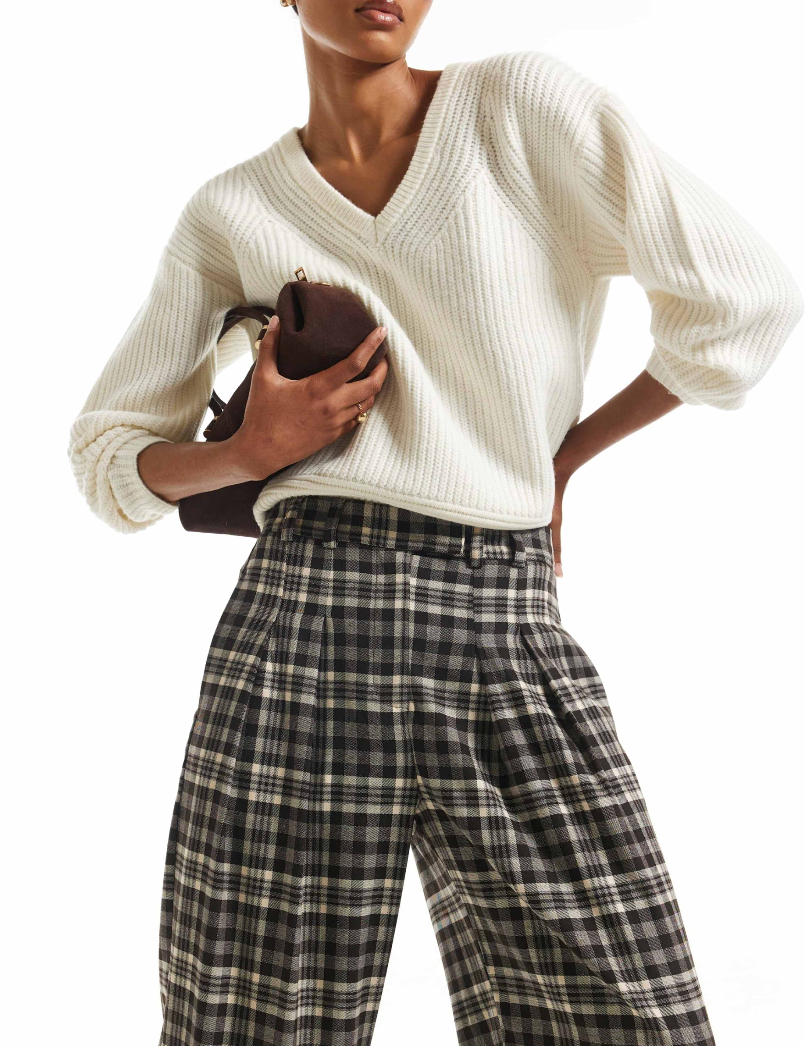Checked Elasticated Waist Straight Trousers
