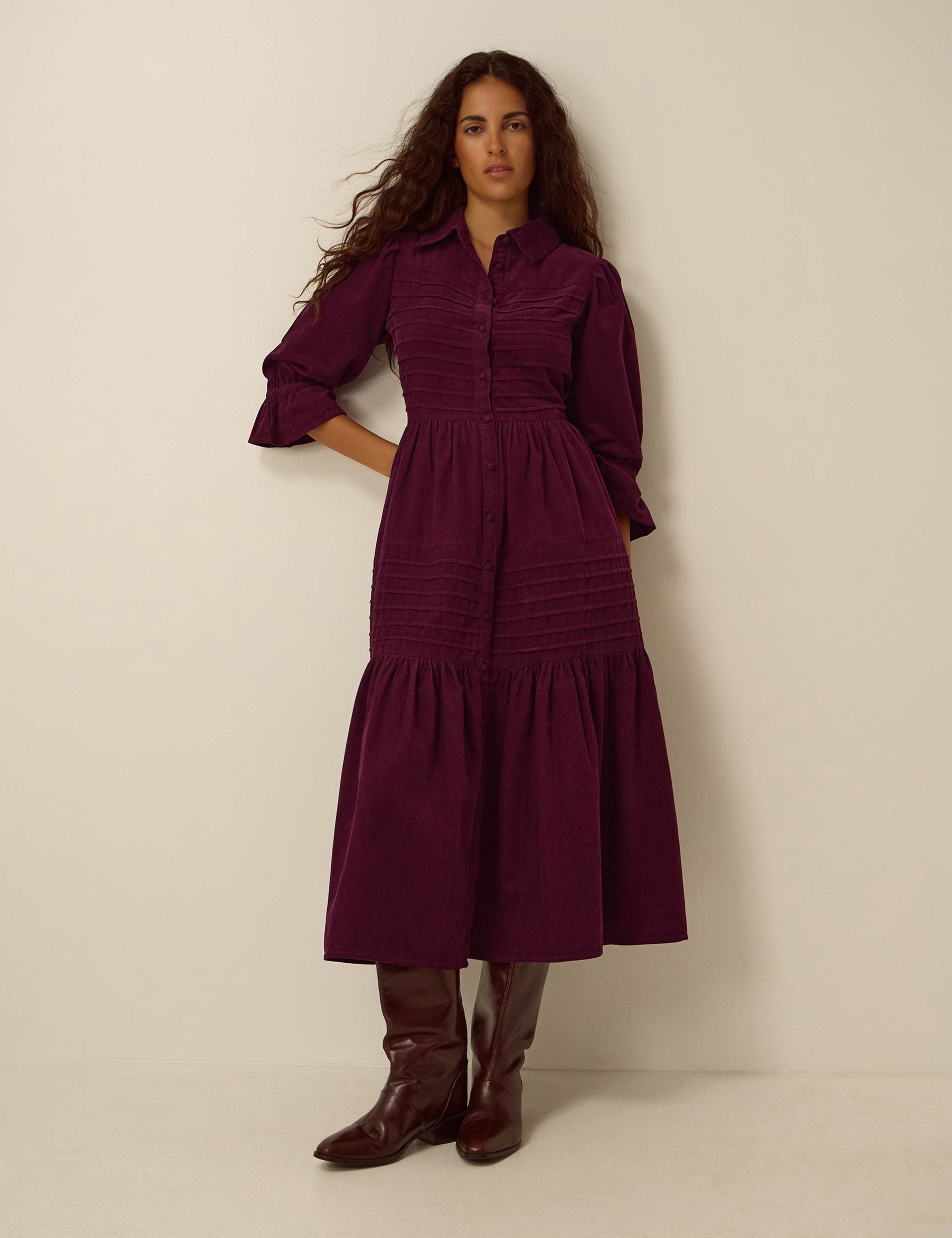 Cotton Collared 3/4 Sleeve Shirt Dress