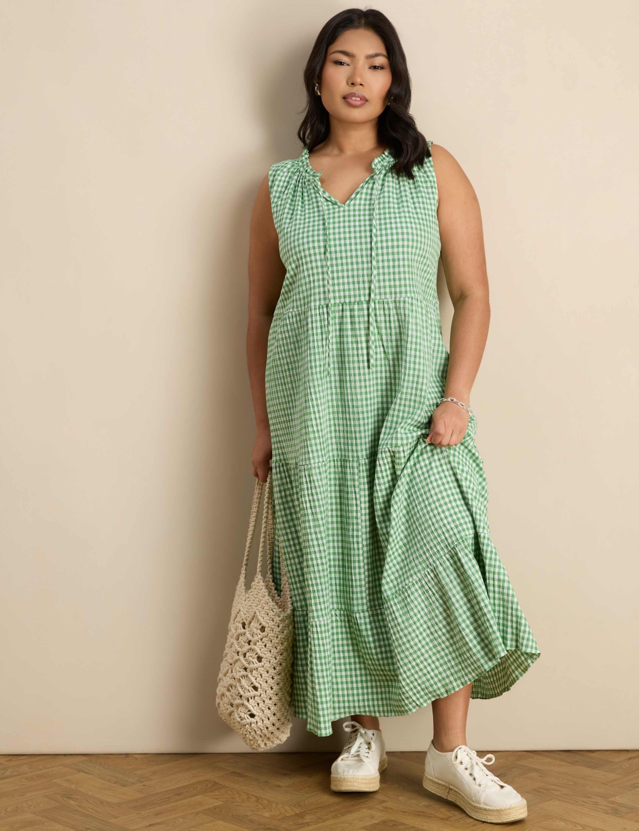 Cotton Rich Checked Midaxi Tiered Dress