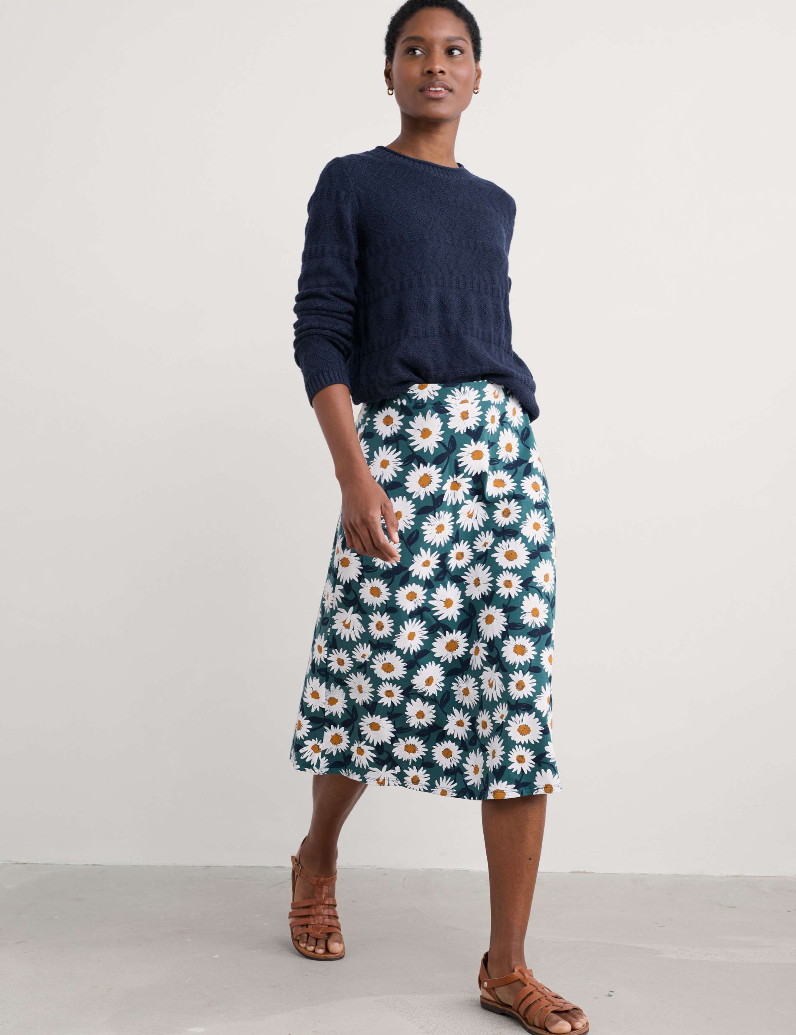 Cotton Rich Jersey Floral Midi A-Line Skirt