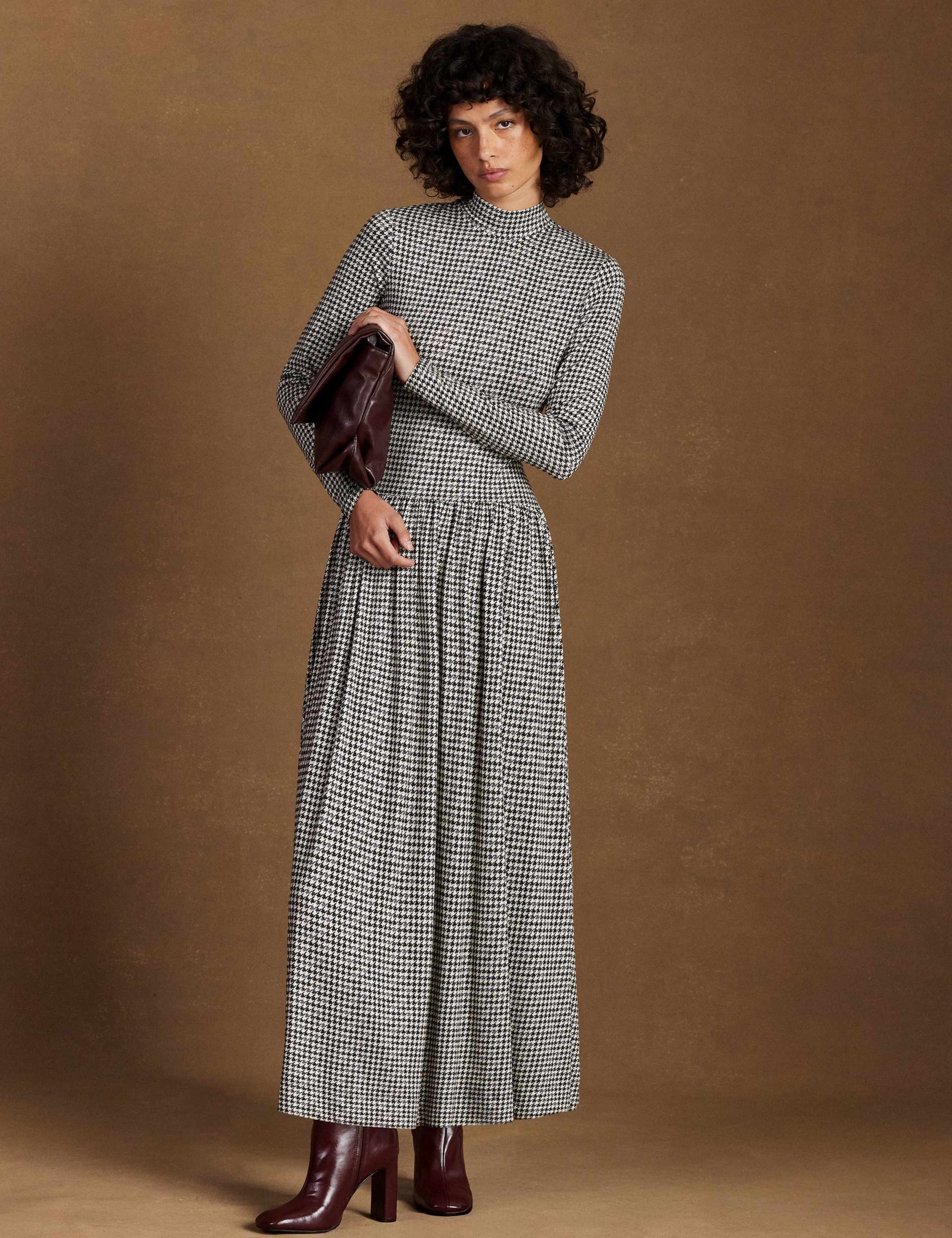 Jersey Checked High Neck Midaxi Skater Dress