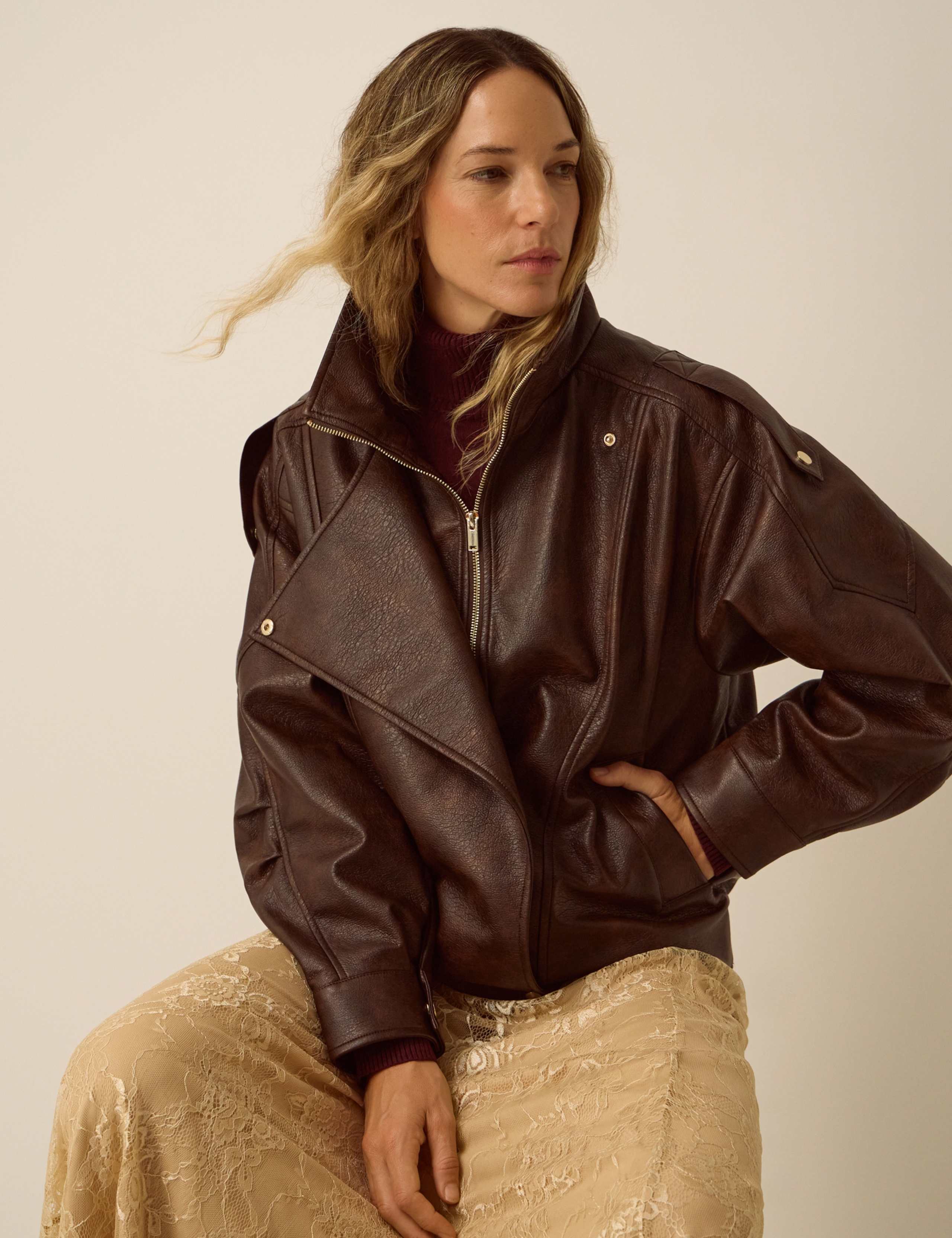 Faux Leather Funnel Neck Bomber Jacket