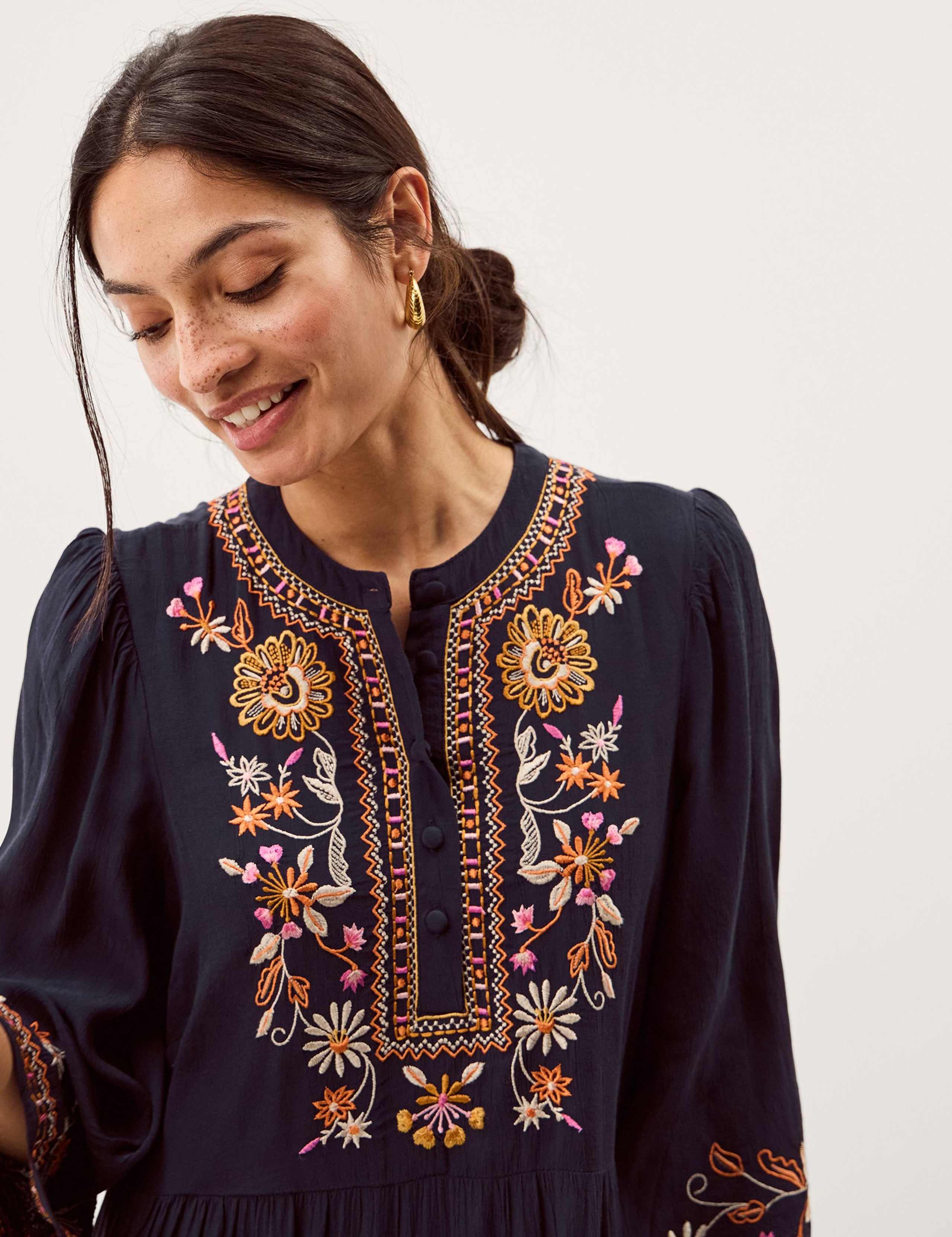 Embroidered Midi Smock Dress