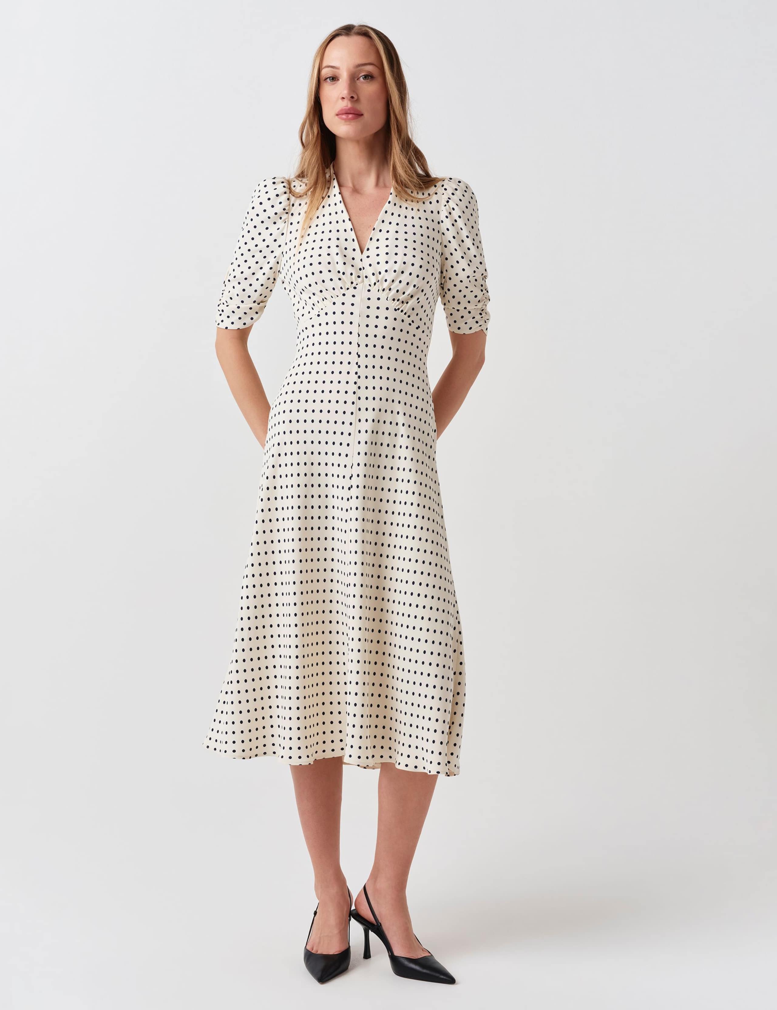 Crepe Polka Dot V-Neck Midi Tea Dress