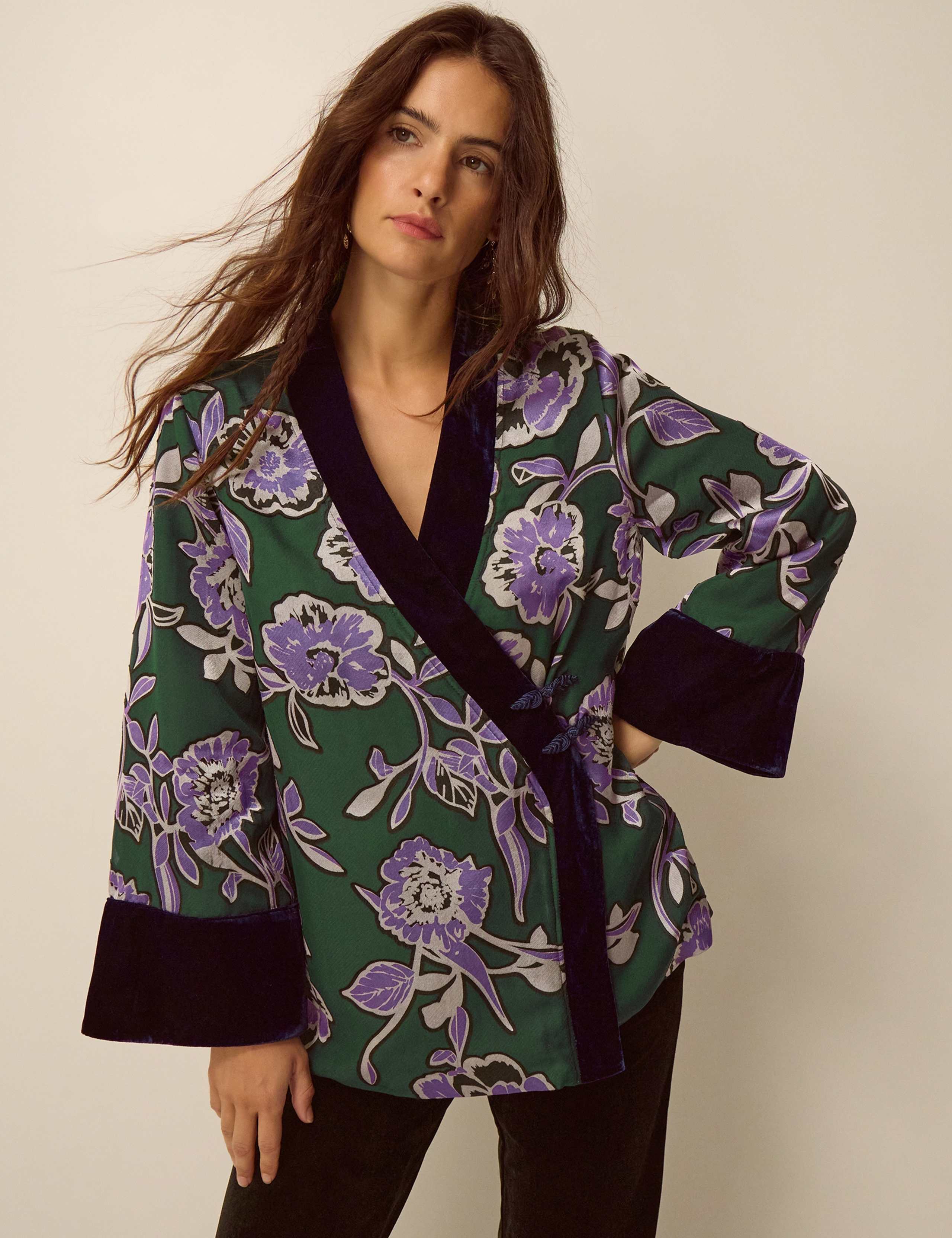 Printed Tie Front Kimono Jacket