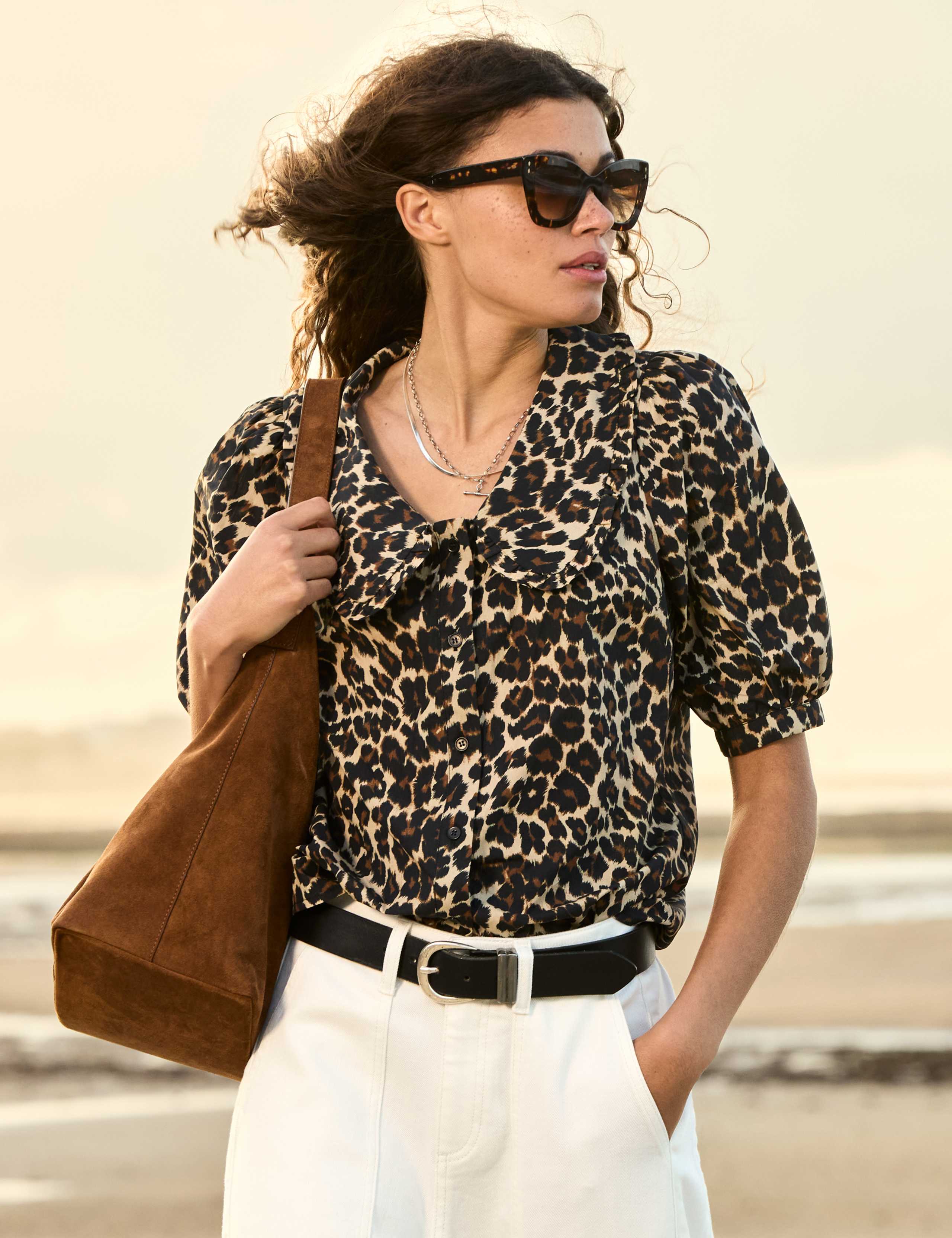 Pure Cotton Animal Print Collared Blouse