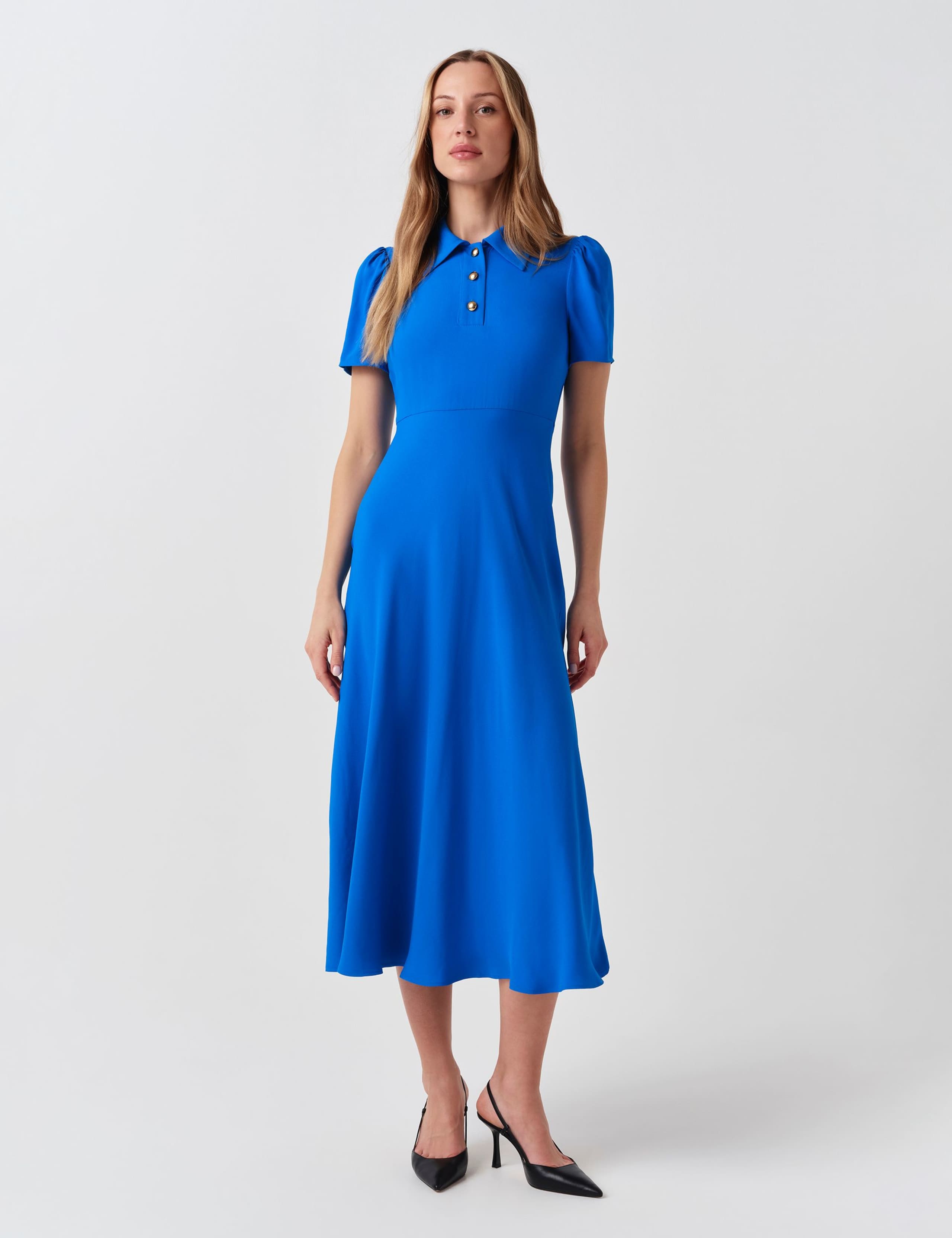 Crepe Collared Puff Sleeve Midi Shirt Dress