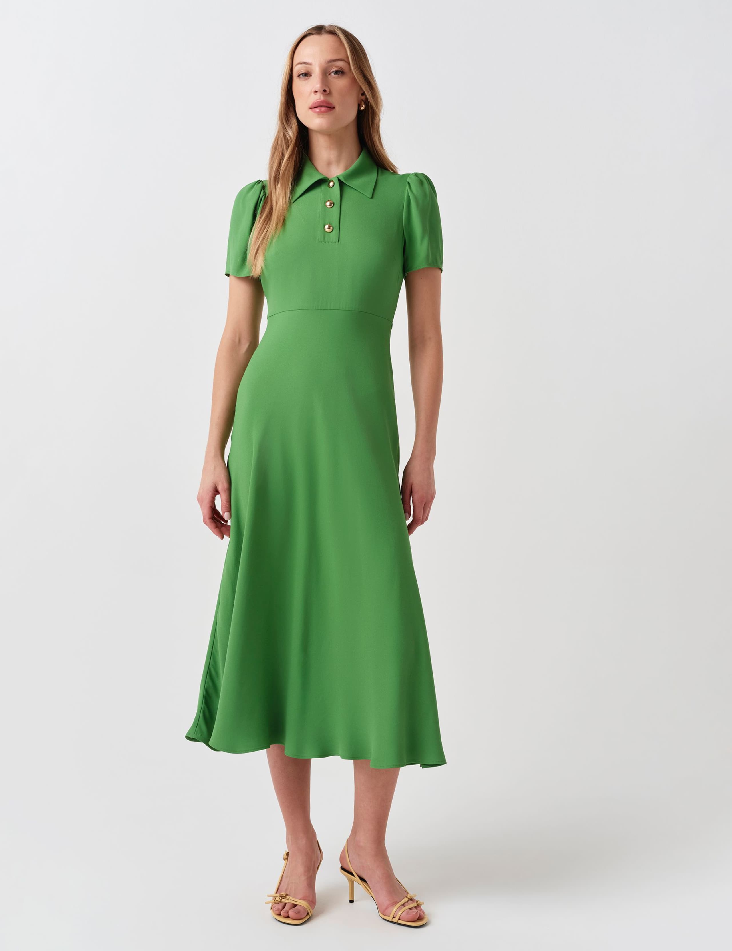 Crepe Collared Puff Sleeve Midi Shirt Dress