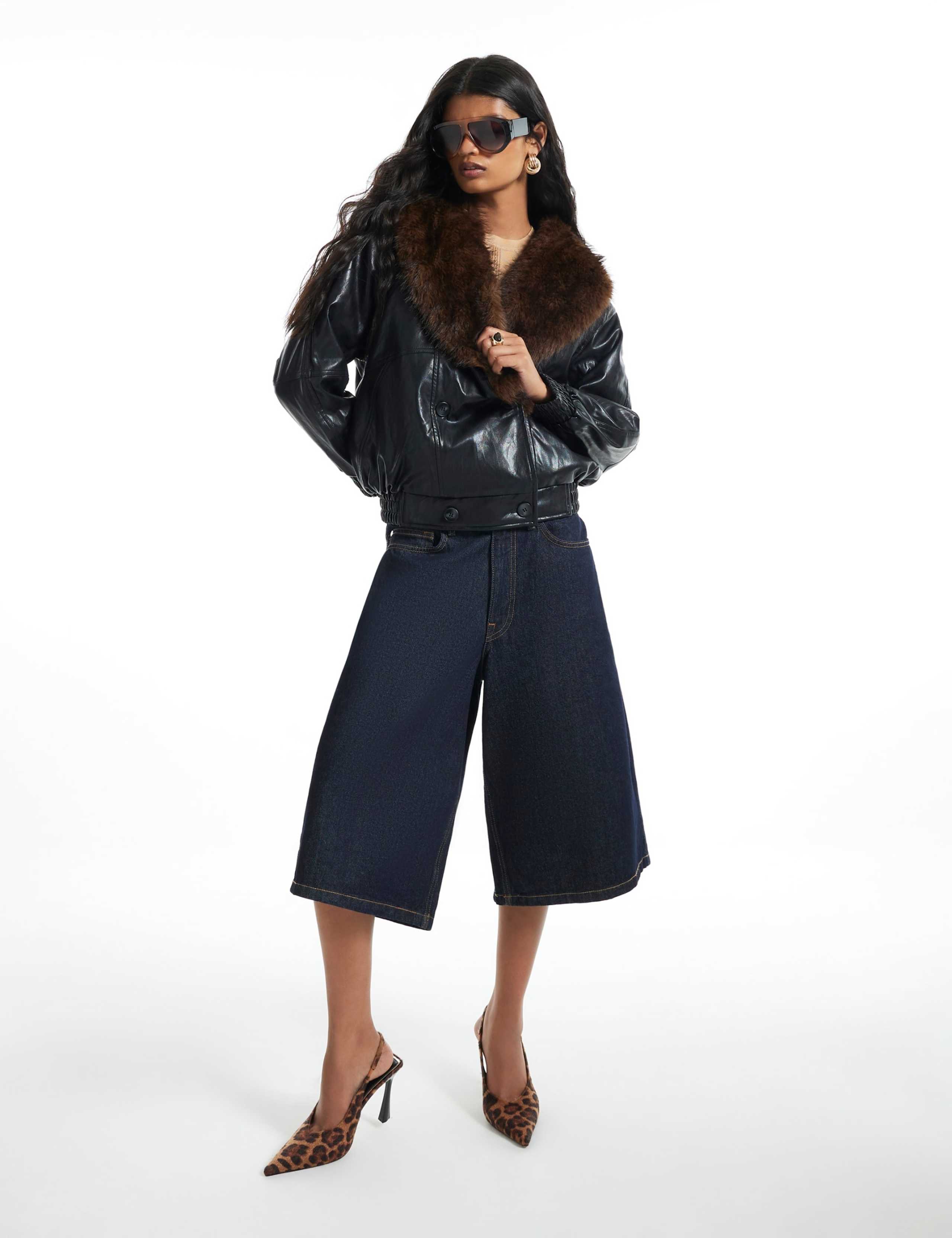 Faux Leather Faux Fur Collar Aviator Jacket