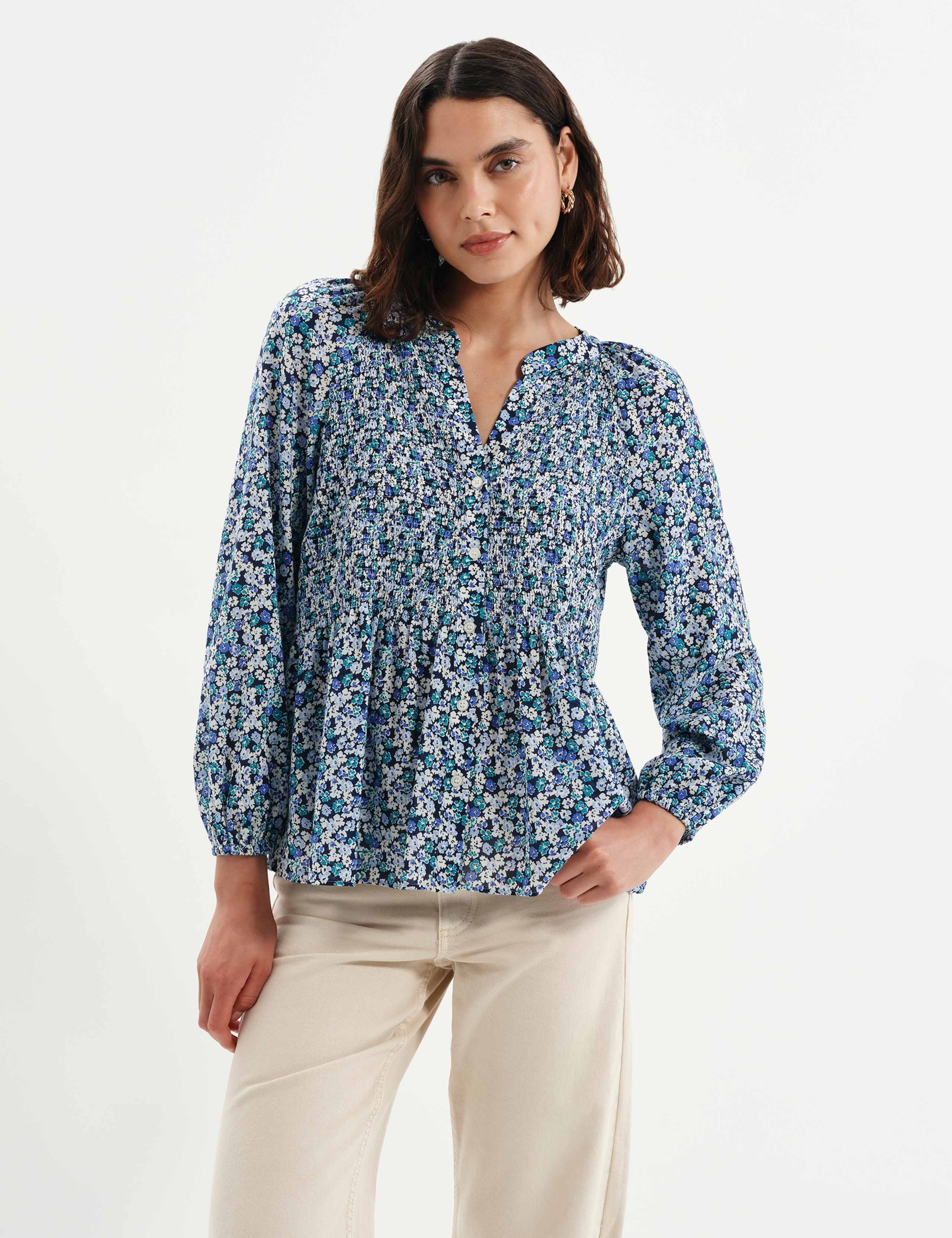 Floral V- Neck Ruffle Blouse