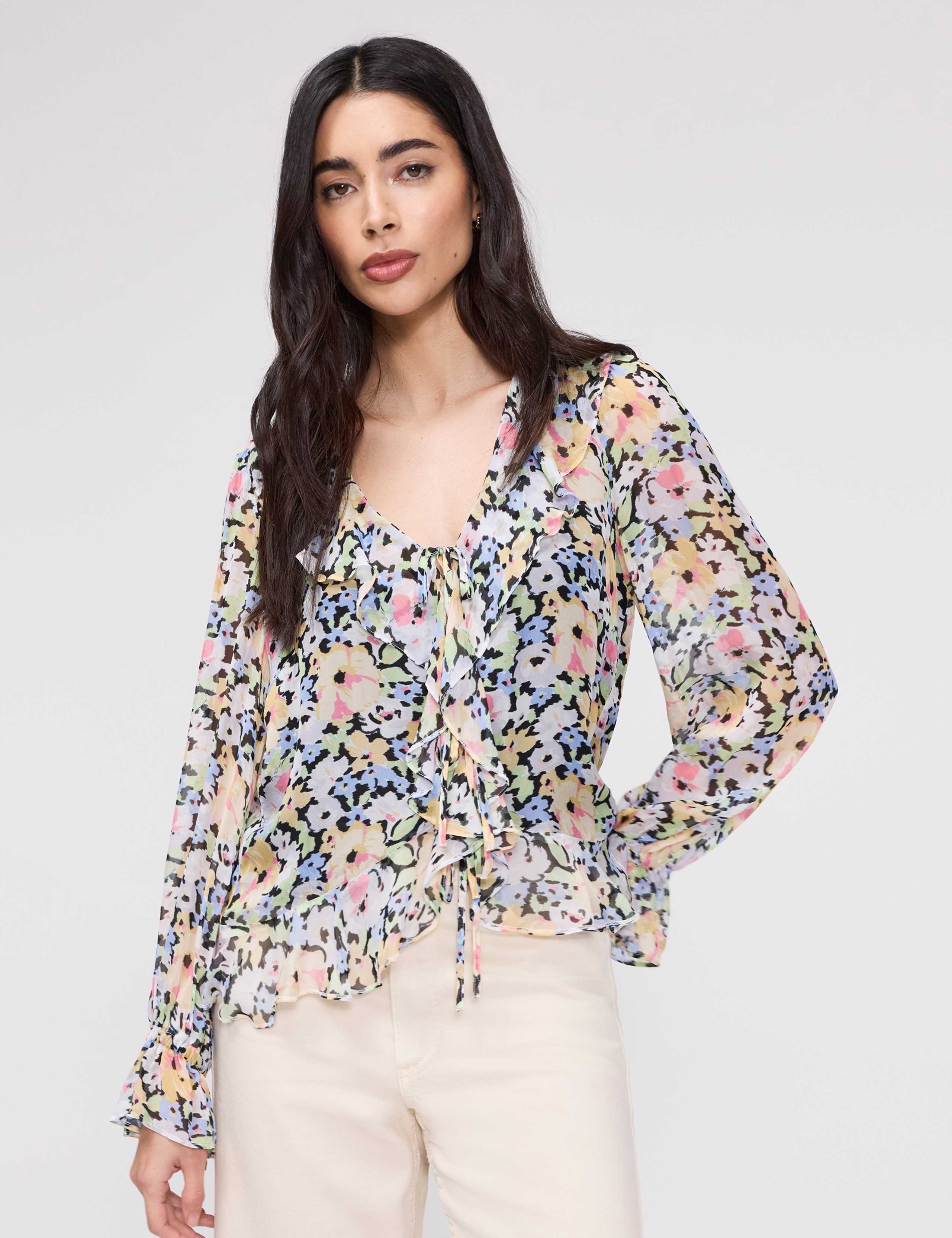 Floral V- Neck Ruffle Blouse