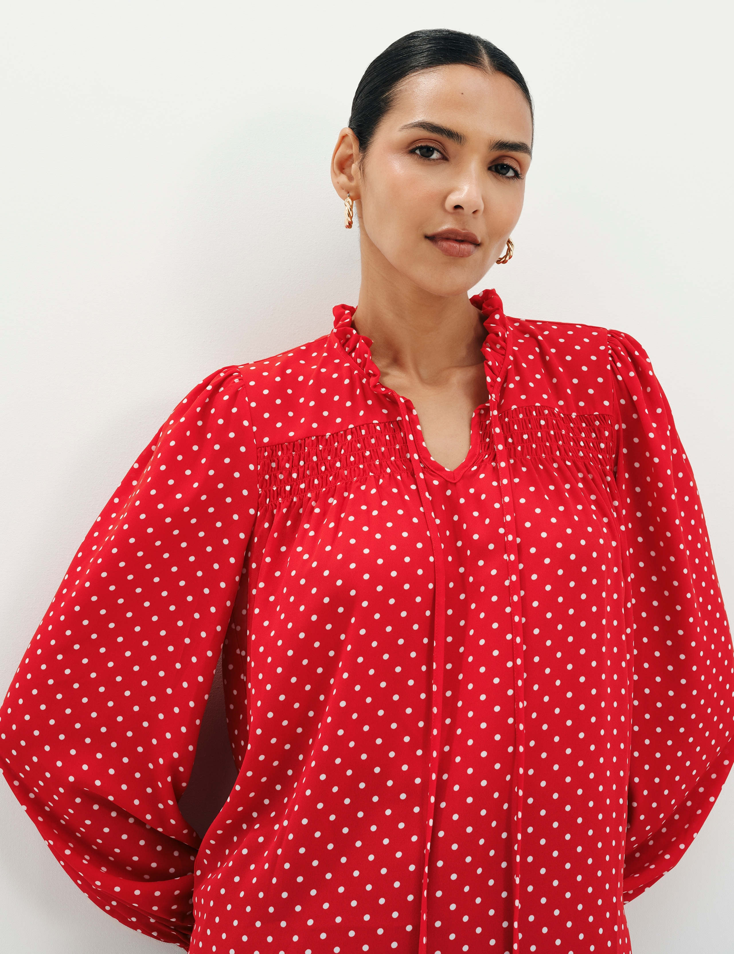 Polka Dot Shirred Tie Neck Blouse
