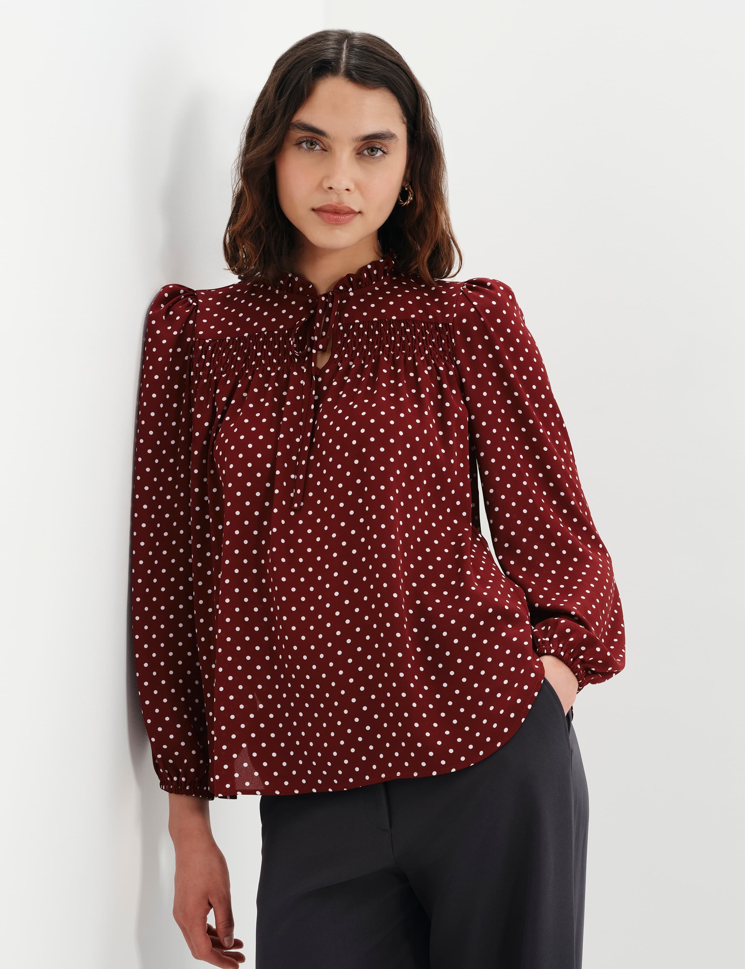 Polka Dot Shirred Tie Neck Blouse