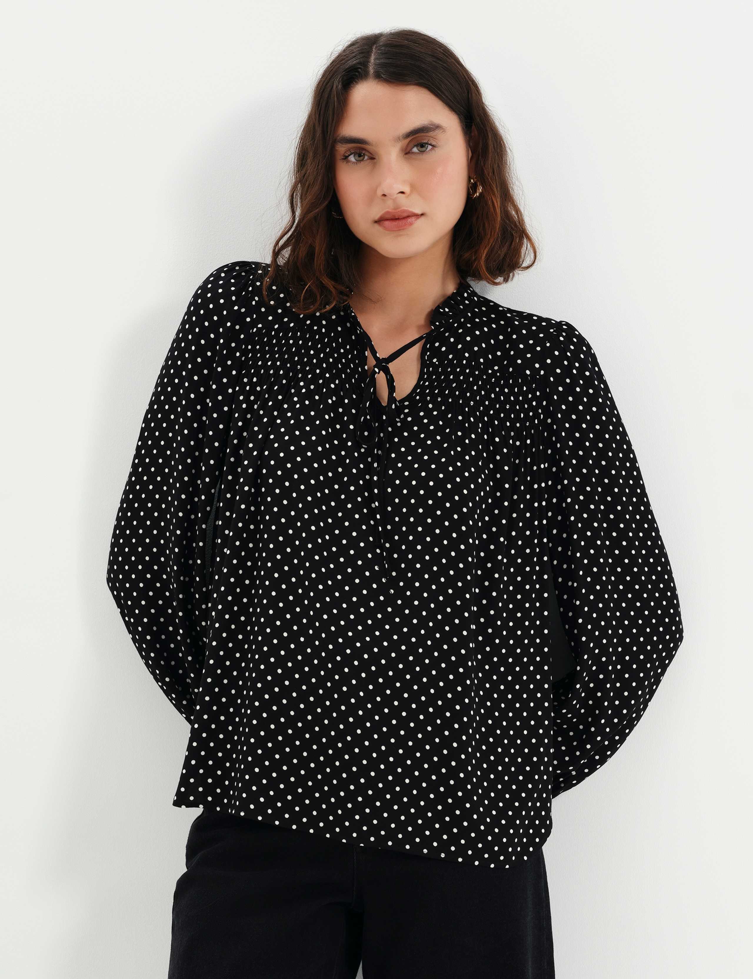 Polka Dot Shirred Tie Neck Blouse