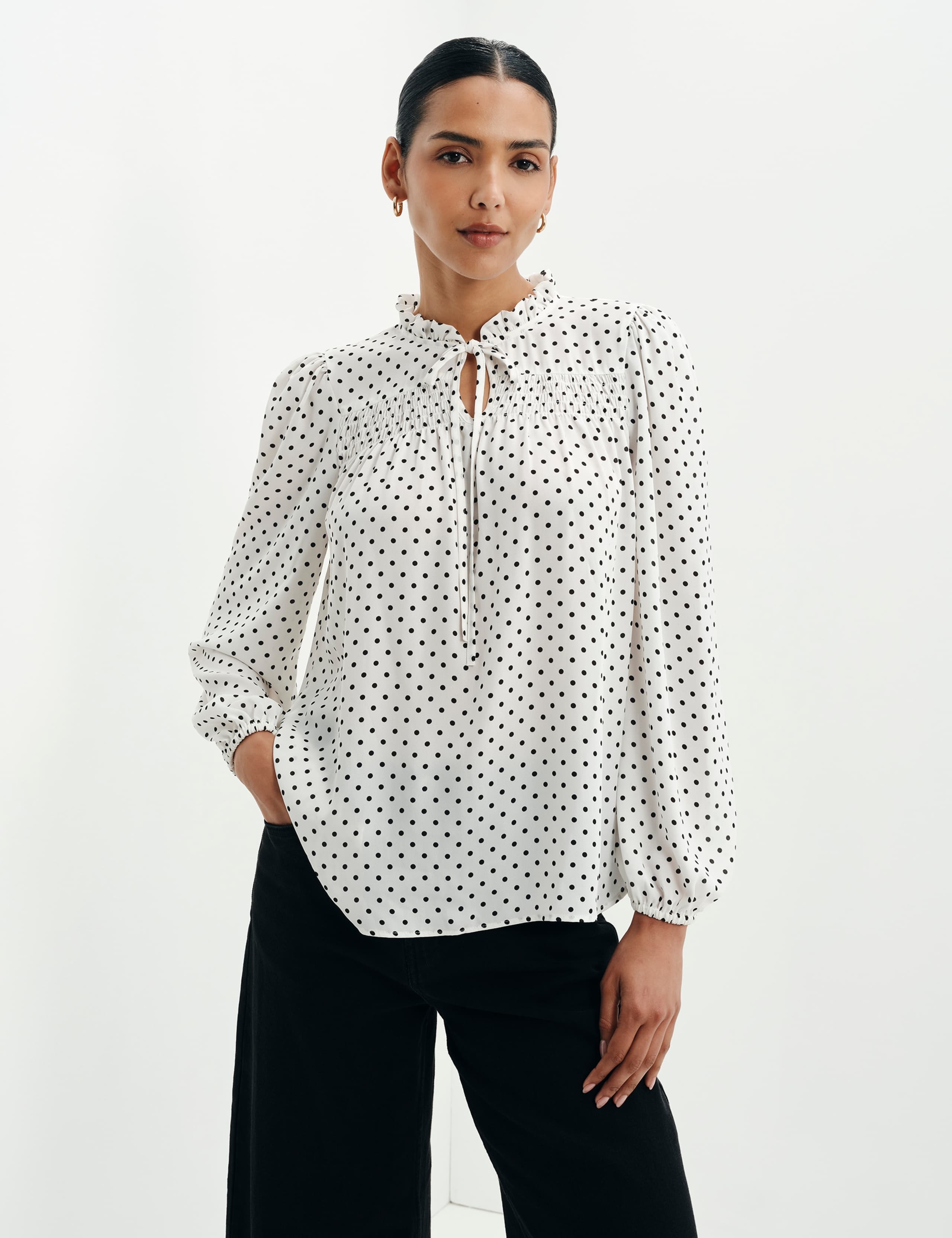 Polka Dot Shirred Tie Neck Blouse