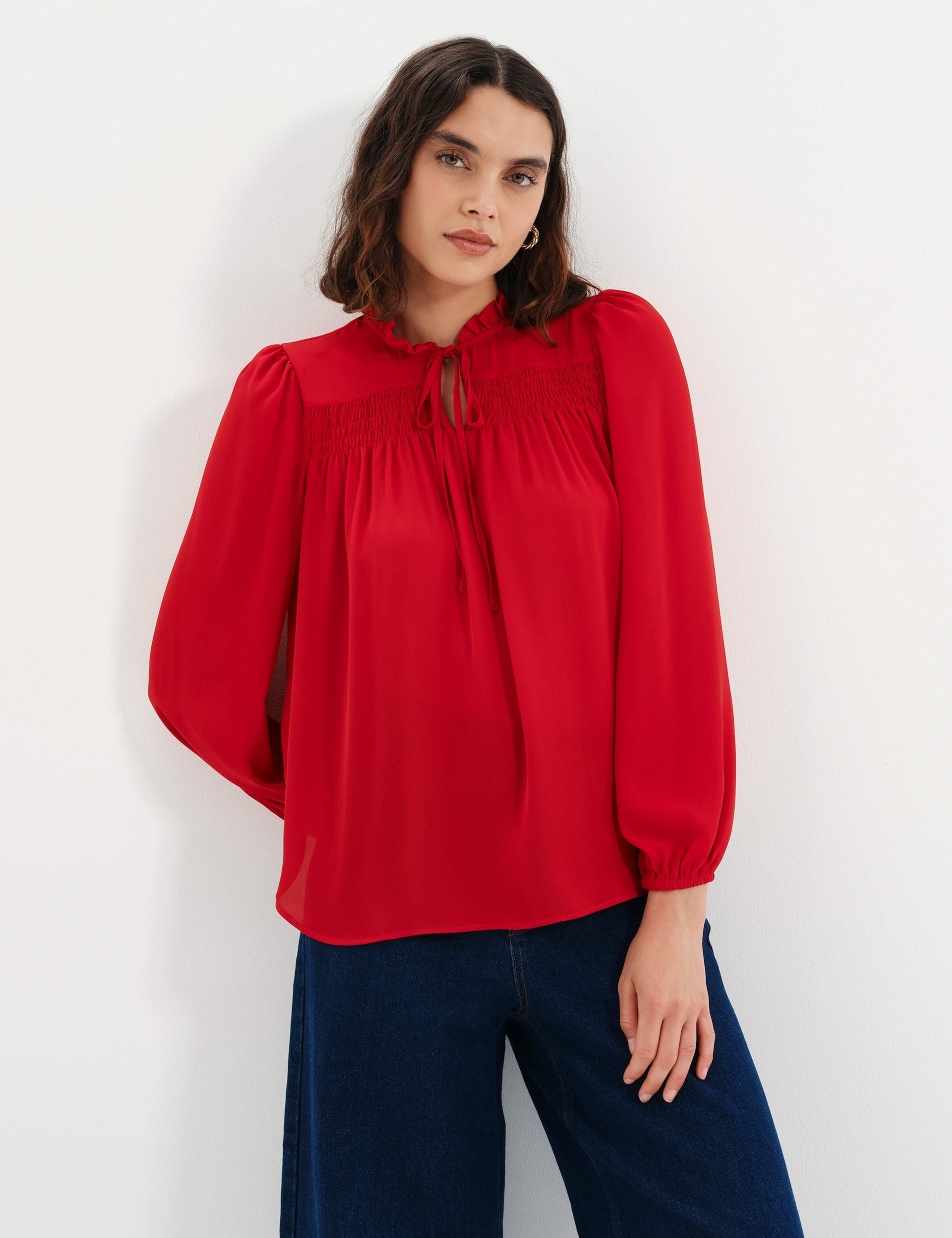 Shirred Tie Neck Blouse
