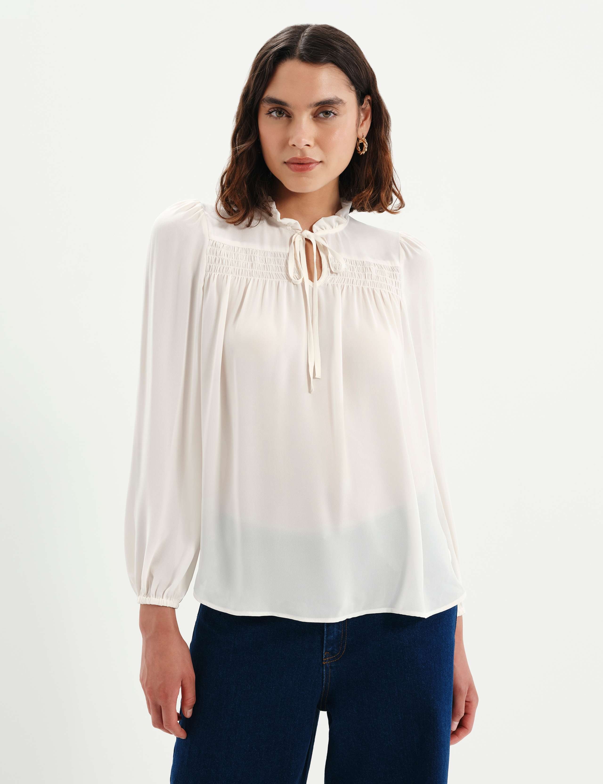 Shirred Tie Neck Blouse