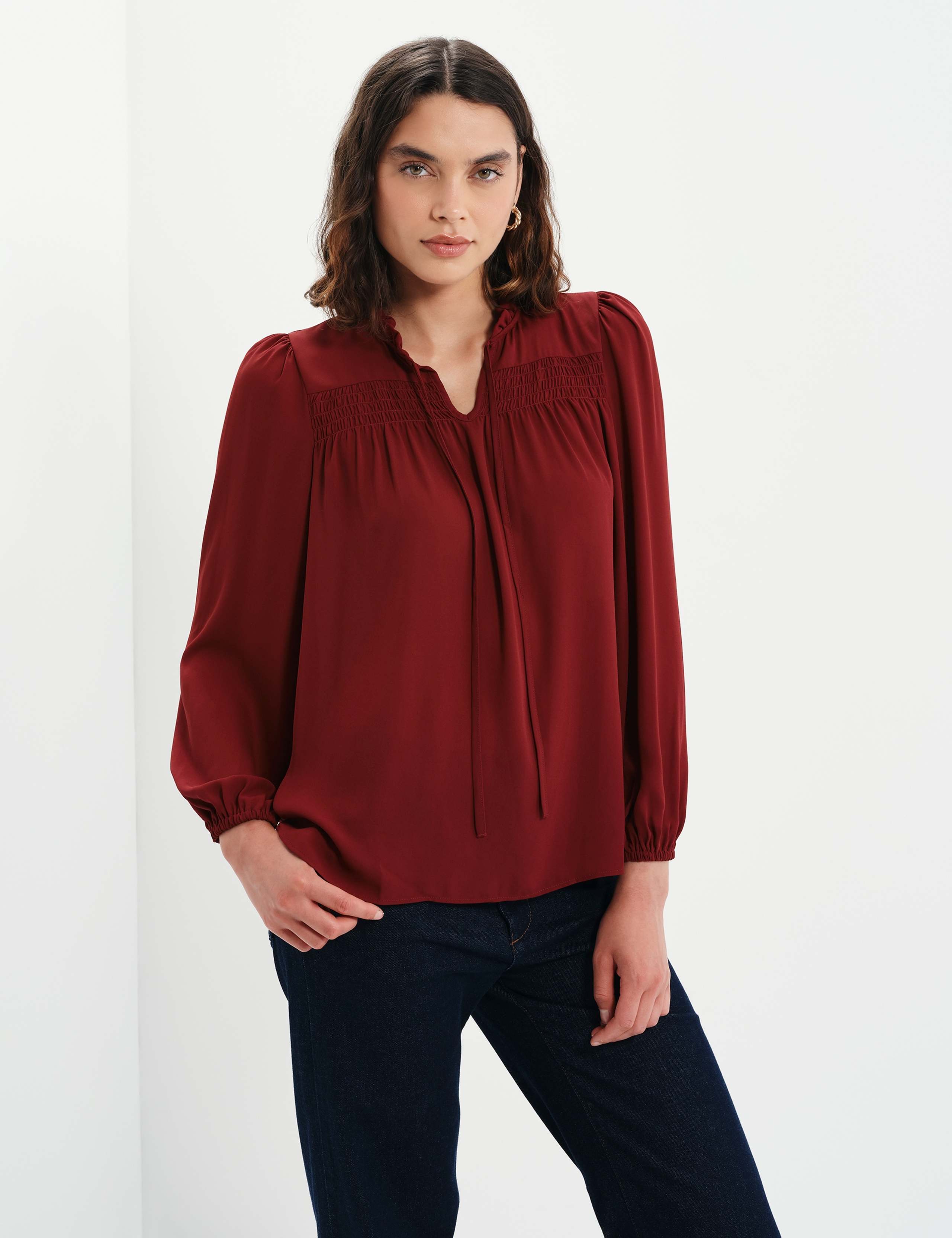 Shirred Tie Neck Blouse