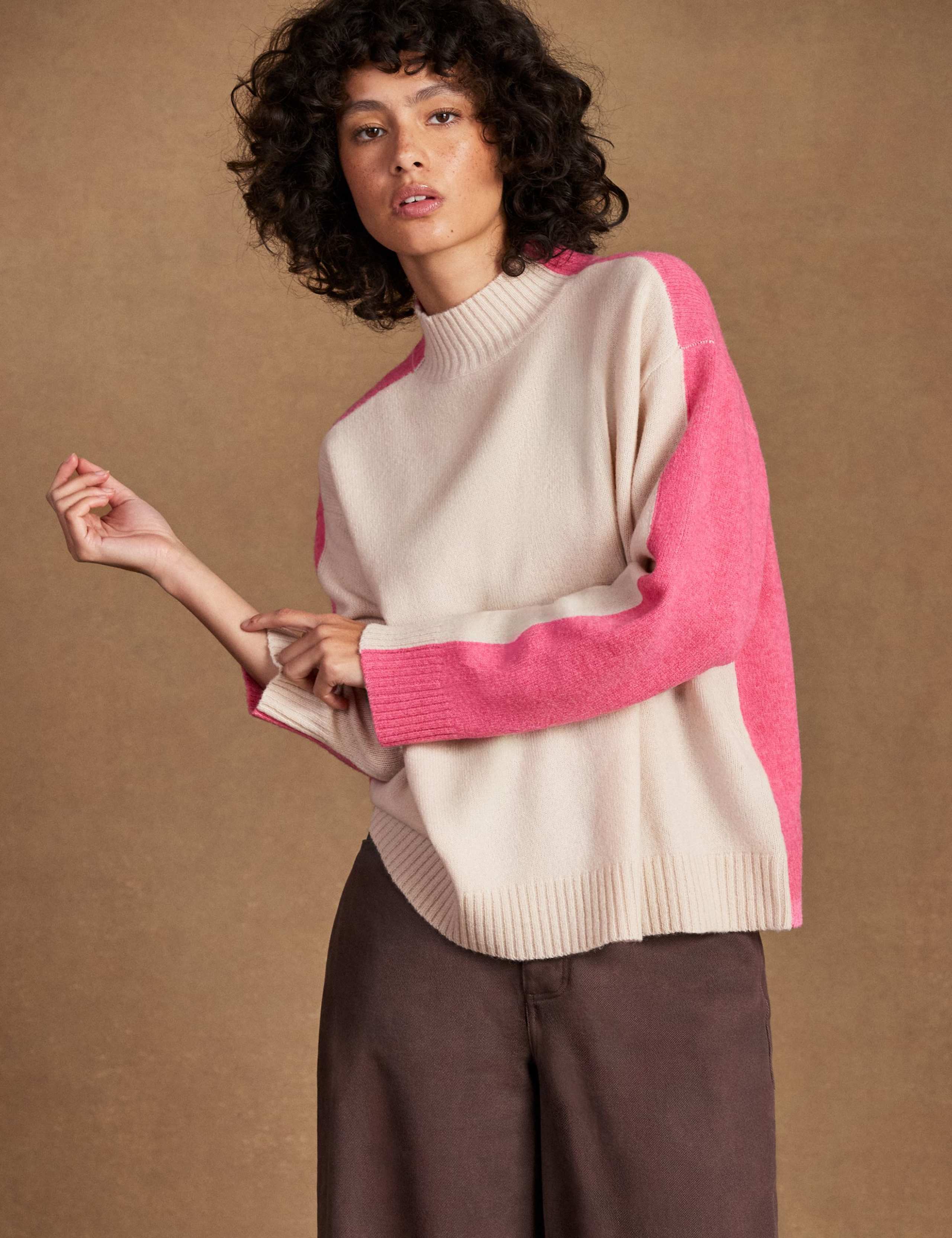 Pure Wool Colour Block Funnel Neck Jumper
