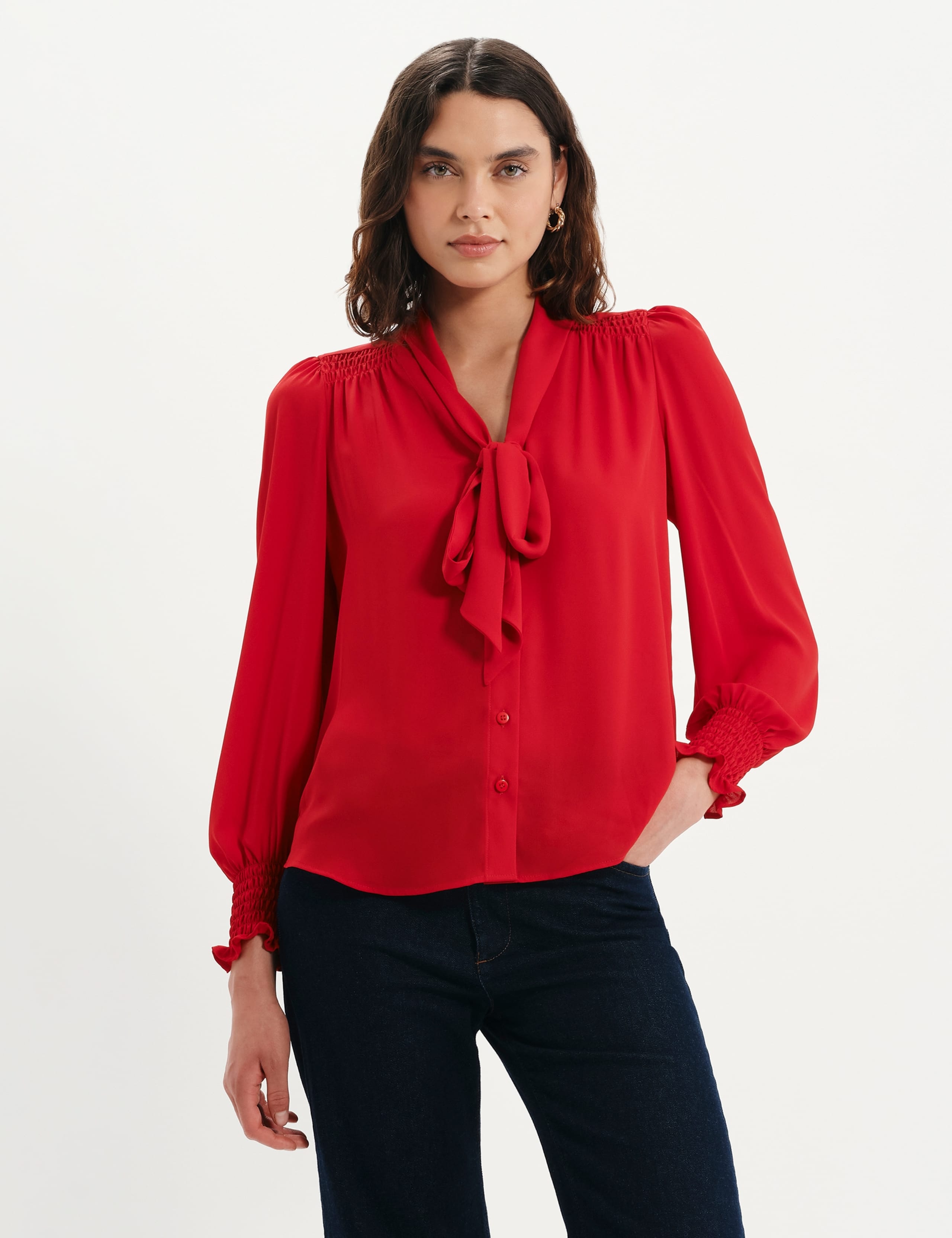 Tie Neck Button Through Blouson Sleeve Blouse