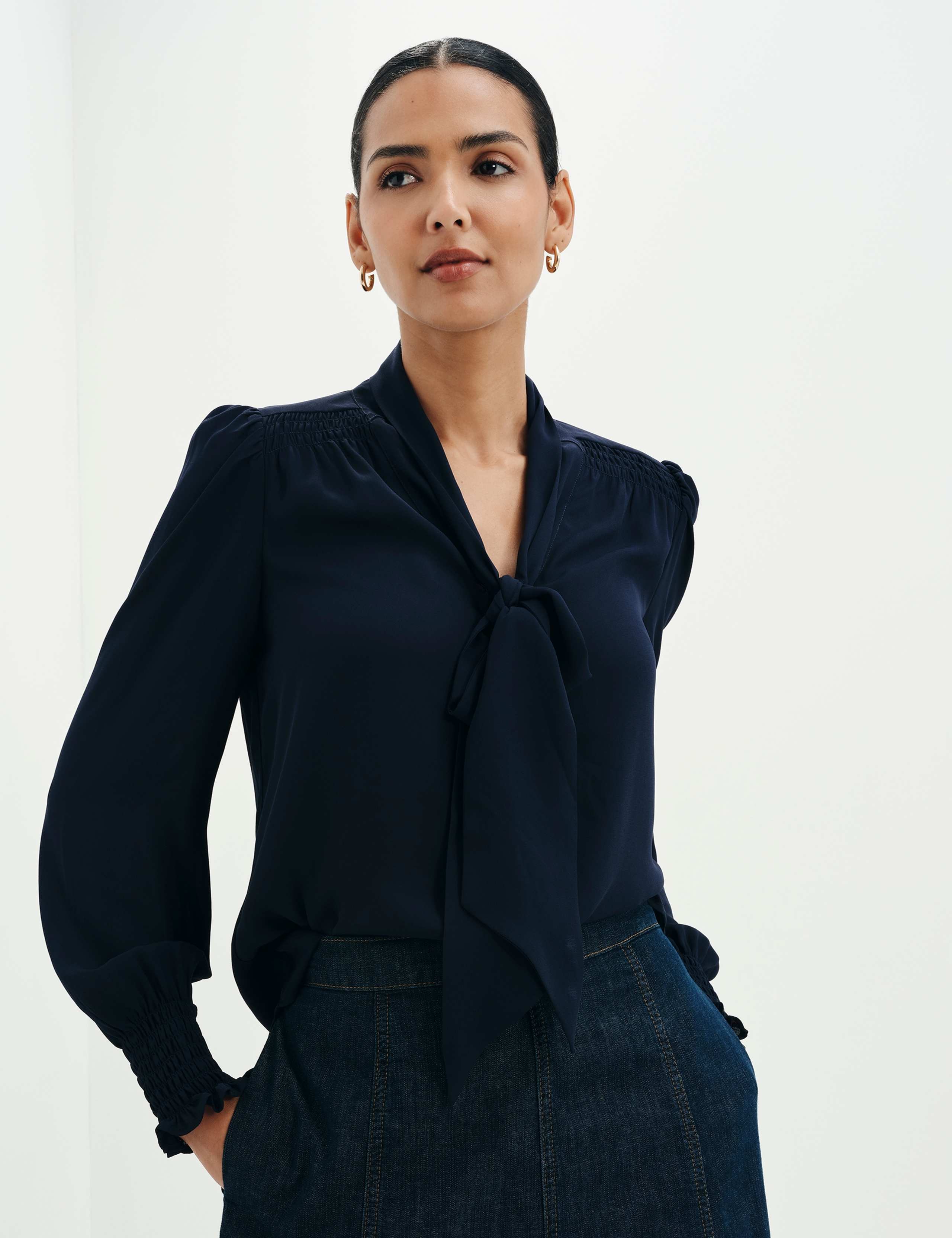 Tie Neck Button Through Blouson Sleeve Blouse